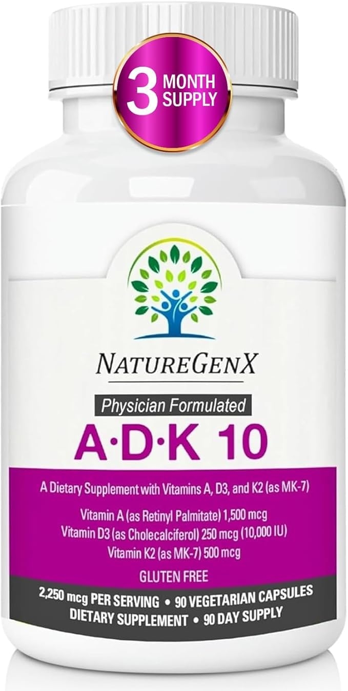 NatureGenX ADK10 – ADK Vitamin Supplement | High Potency Vitamins A, D3 (10,000 IU) & K2 MK-7 for Bone, Heart & Immune Health | 90 Tiny Capsules | 3 Month Supply | Non-GMO, Gluten Free