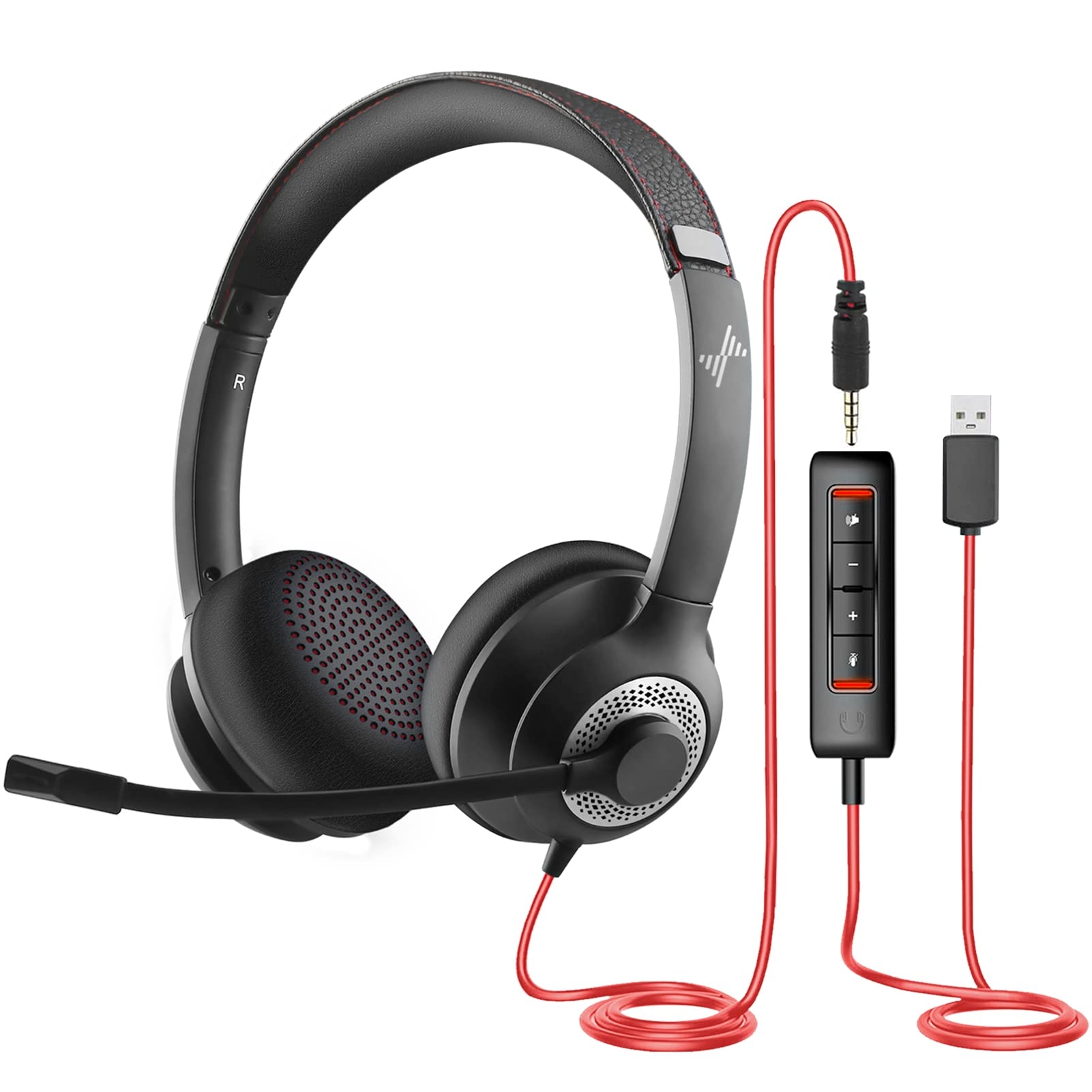 JIAMQISHI USB Headset with Mic for PC, On-Ear Computer Laptop Headphones with Noise Cancelling Microphone in-line Control for Home Office Online Class Skype Zoom (USB+3.5mm, Black)