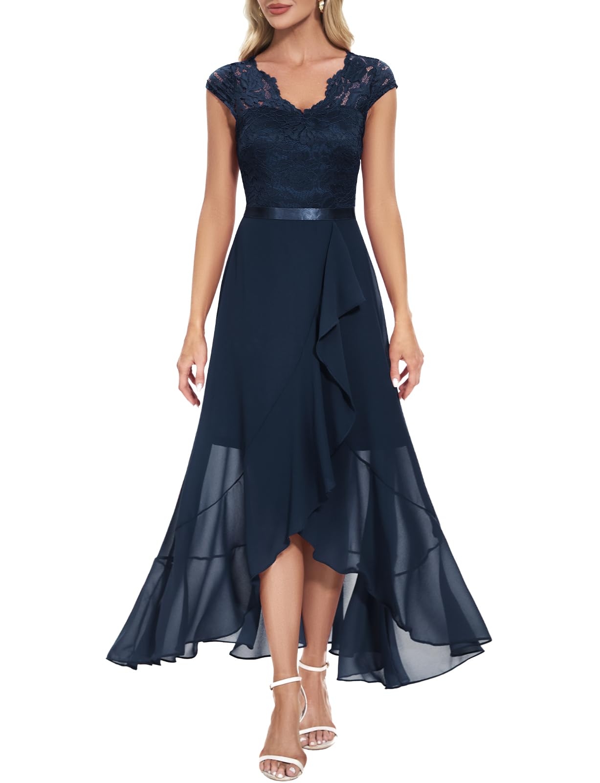 Bbonlinedress Women's V-Neck Dress for Women Wedding Guest Hi-Lo Floral Lace Prom Cocktail Party Formal Bridesmaid Dress