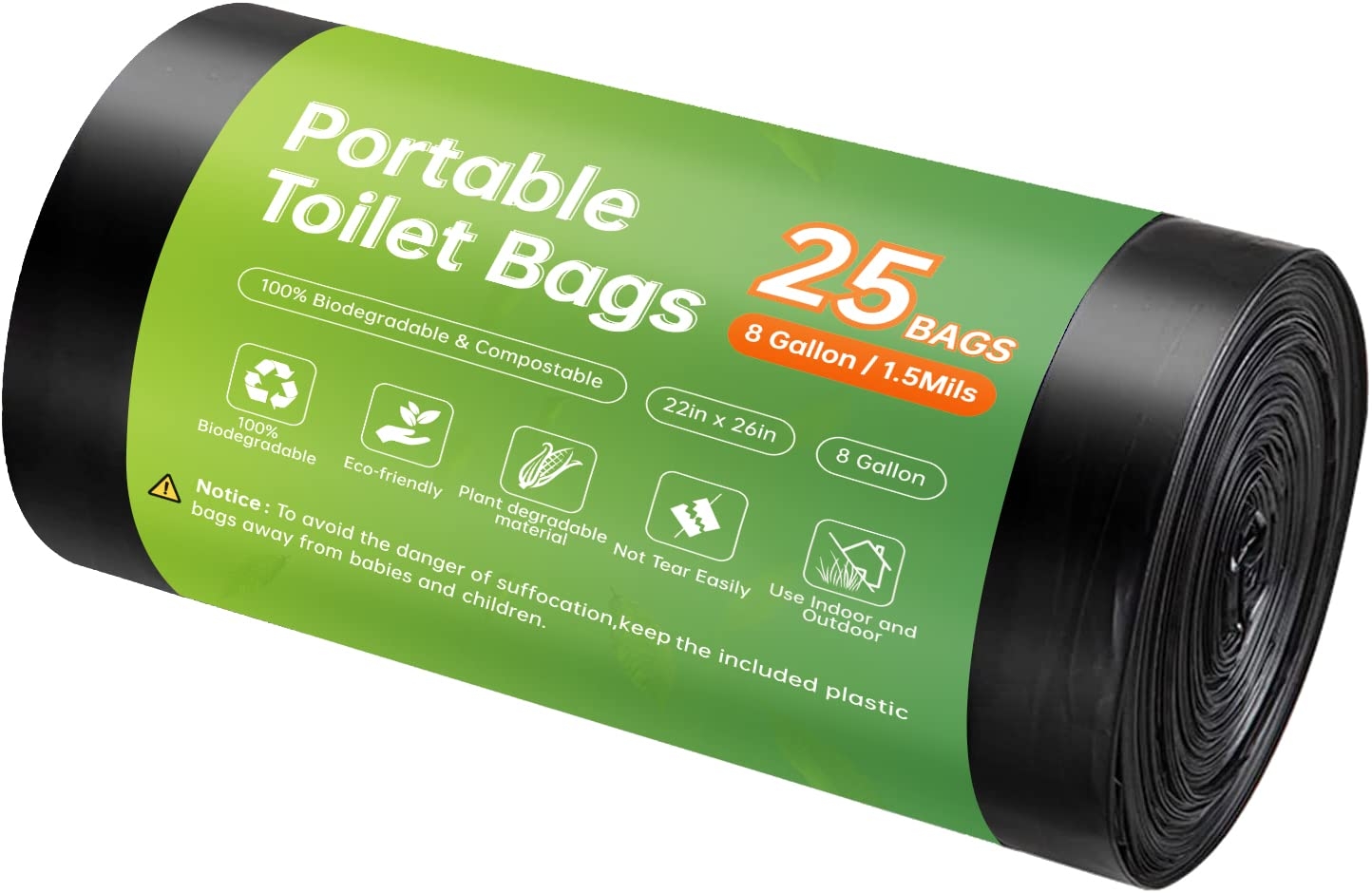 Portable Toilet Replacement Bags, 25 Count 8 Gallon 1.5 Mil Super Thickened Compostable Trash Bags, 30 Liter Camping Toilet Bags for Travel Outdoors, Boating, Emergency Toilet Bag for Car