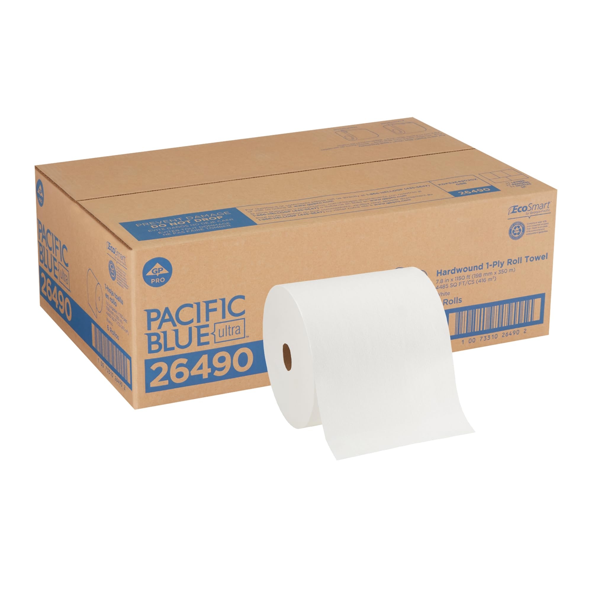 Pacific Blue Ultra 8” High-Capacity Recycled Paper Towel Roll by GP PRO (Georgia-Pacific), White, 26490, 1150 Feet Per Roll, 6 Rolls Per Case
