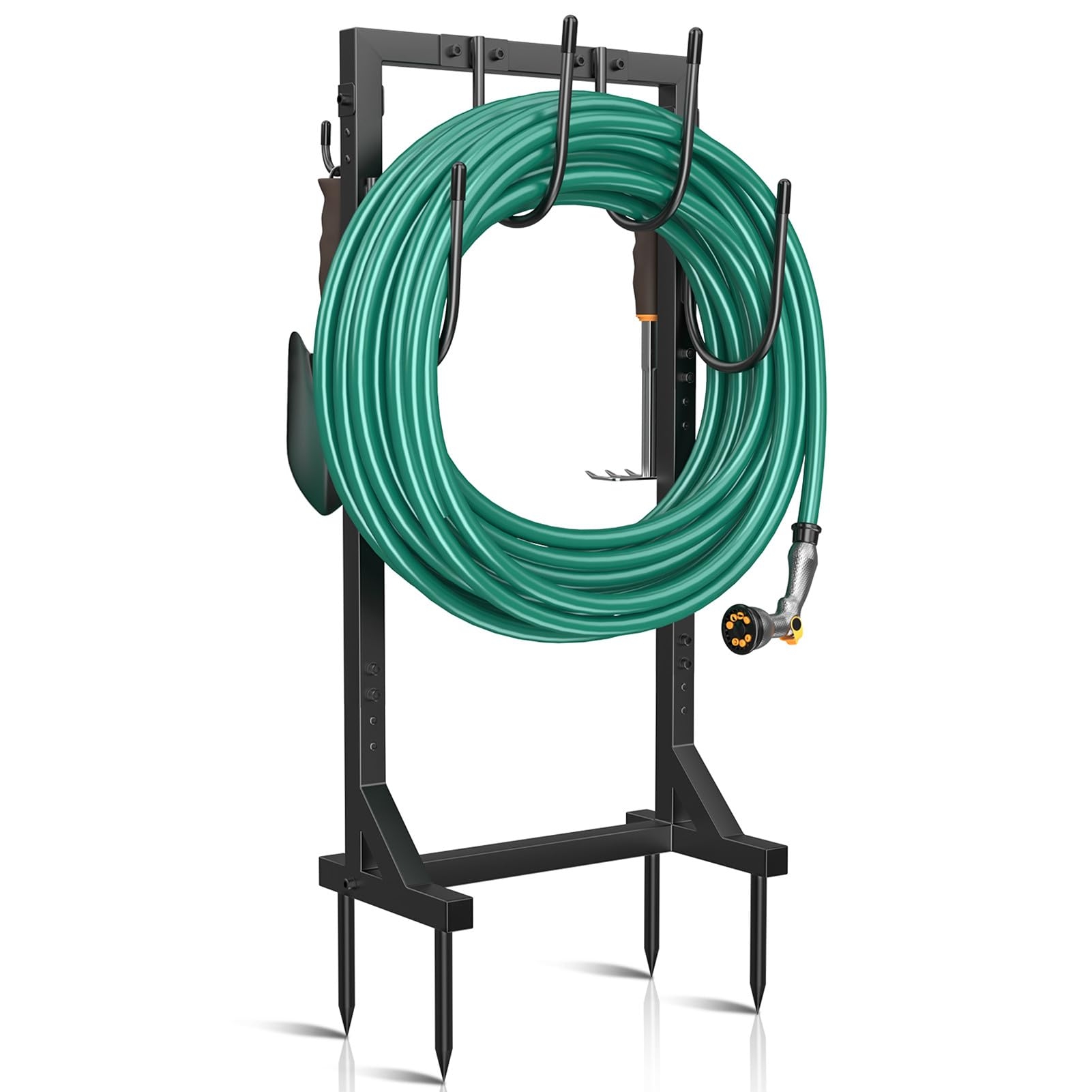 Winpull Garden Hose Holder Water Hose Holder with 4 Spikes, Freestanding Hose Hanger Outdoor Hold Stand Heavy Duty 6 Hooks Metal Garden Hose Storage Hose Reel Rack for Outside (Black)