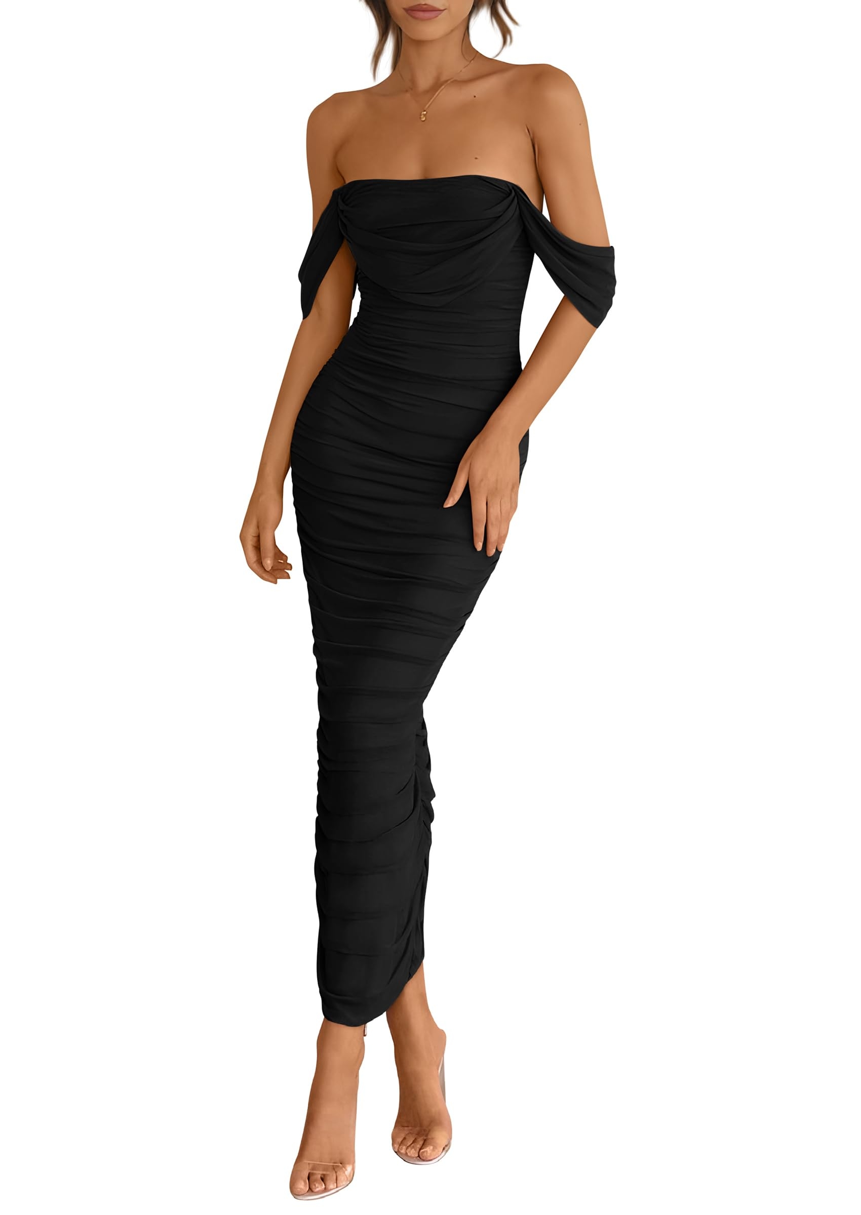 PRETTYGARDEN Womens 2025 Summer Off The Shoulder Dress Ruched Bodycon Sleeveless Split Cocktail Party Maxi Dresses