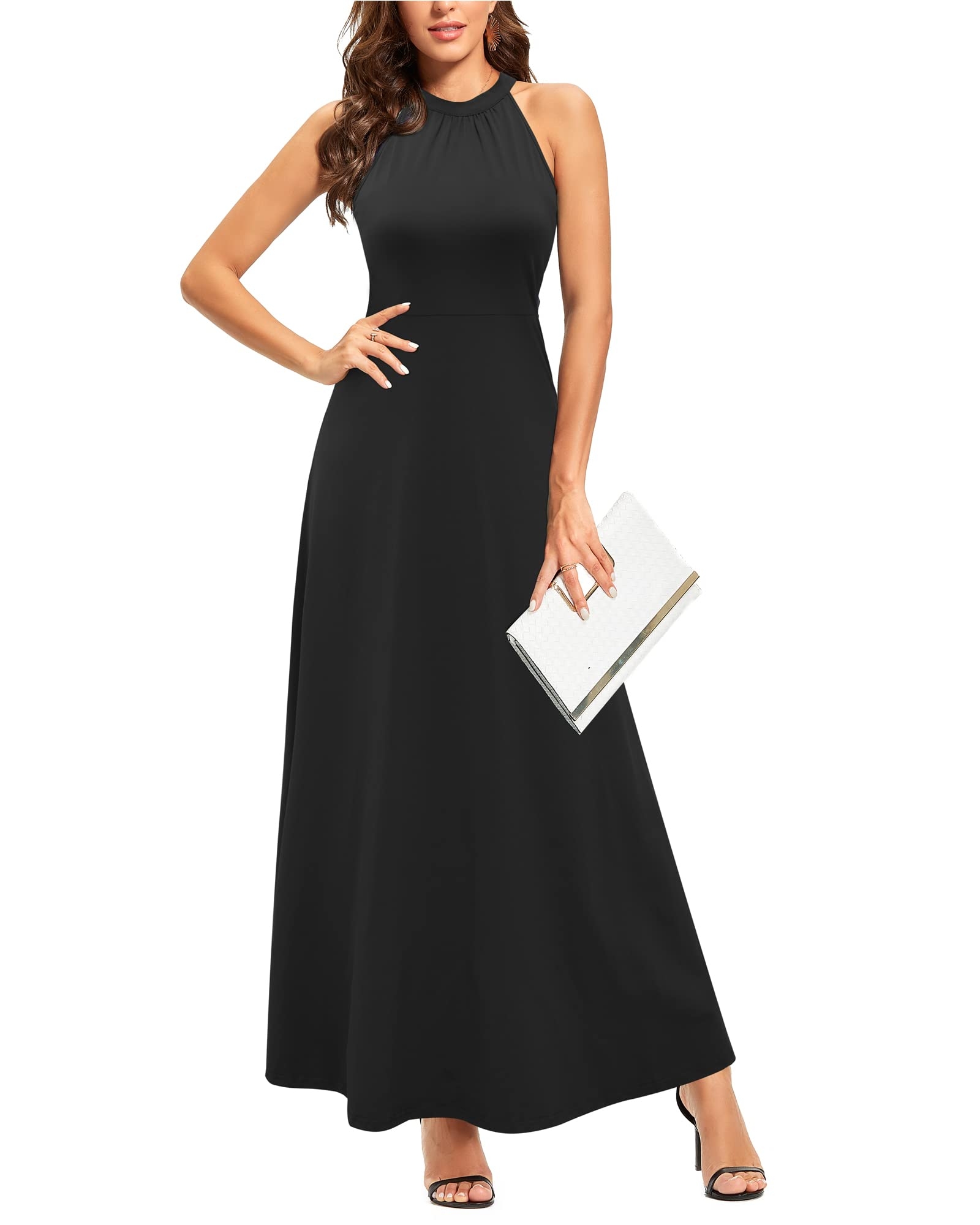 STYLEWORD Women's Summer 2025 Maxi Dress Floral Halter Neck Sexy Party Wedding Guest Long Formal Dress