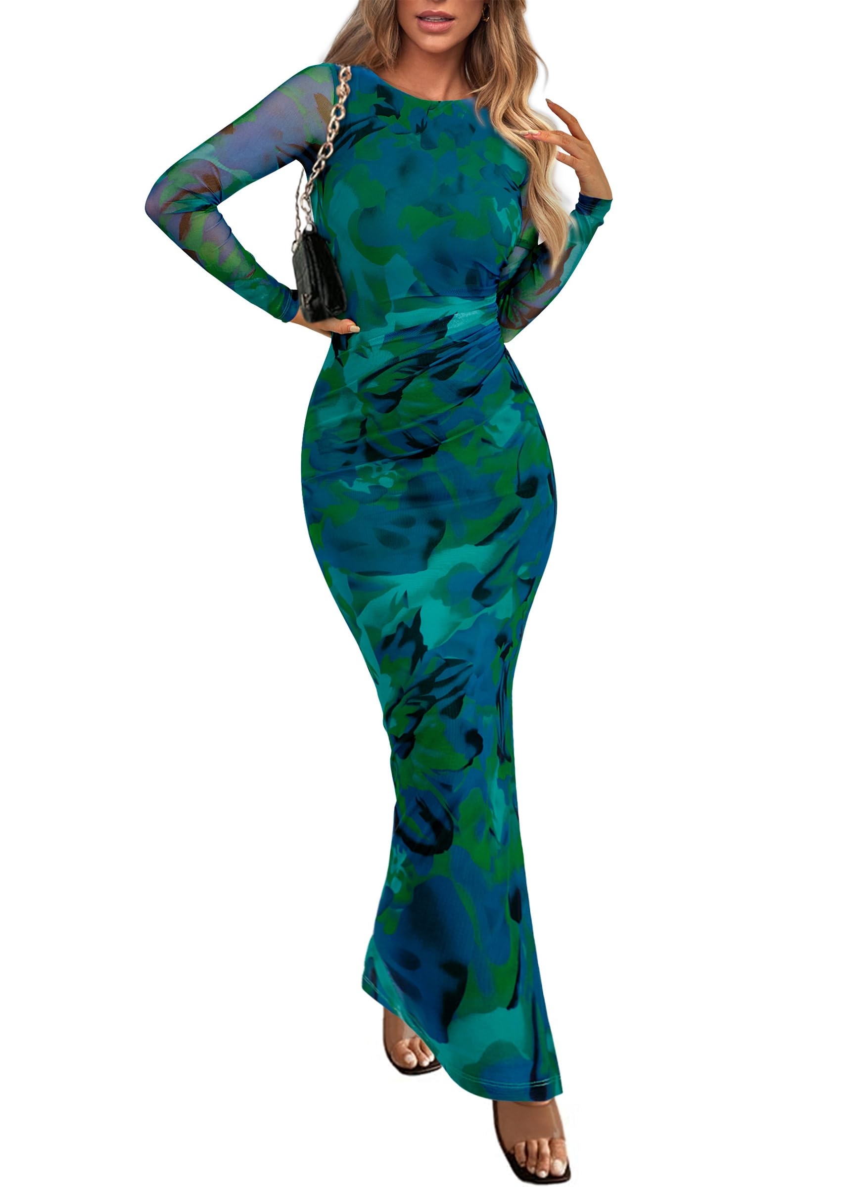 PRETTYGARDEN Women's Bodycon Maxi Dress Fall Spring Fashion Long Sleeve Floral Print Tight Fitted Party Club Ruched Dresses
