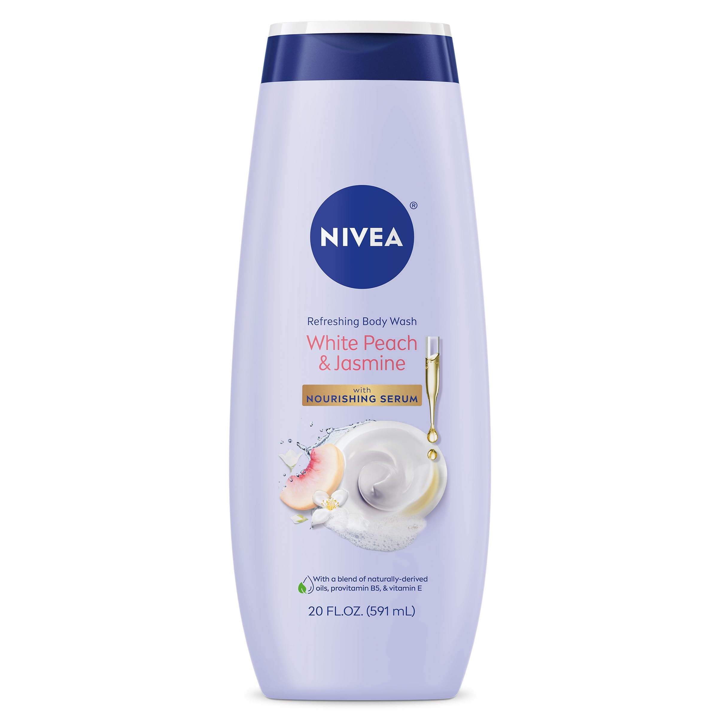 NIVEA Refreshing White Peach and Jasmine Body Wash with Nourishing Serum, Scented Body Wash for Women, Enriched with Provitamin B5 and Vitamin E, 20 Fl Oz Bottle