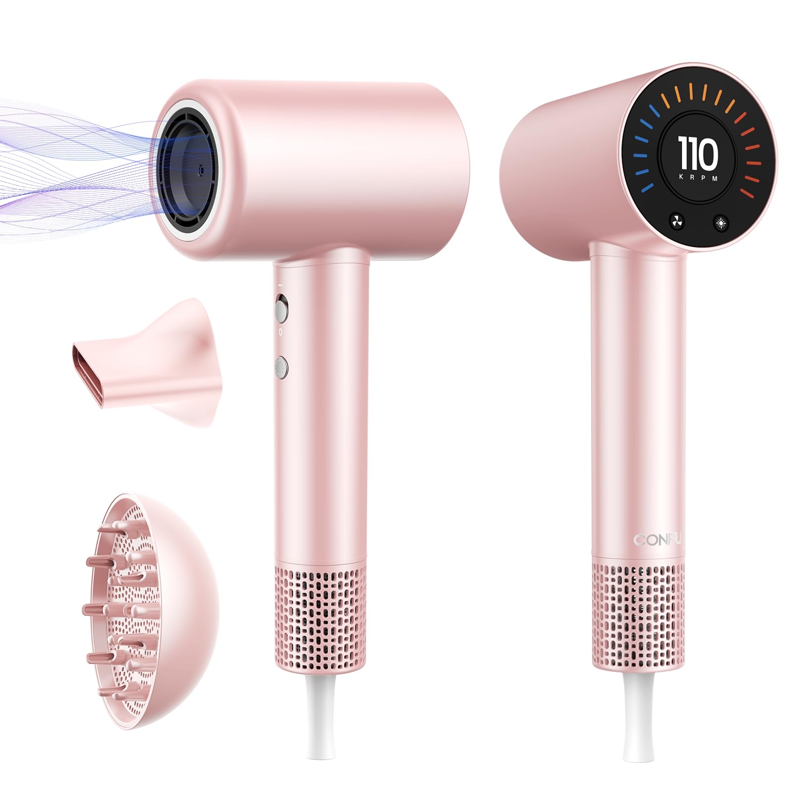 CONFU Ionic Hair Dryer, Blow Dryer, Professional, Magnetic Diffuser, Concentrator, 110000 RPM, Fast Drying, Lightweight, for Women and Men
