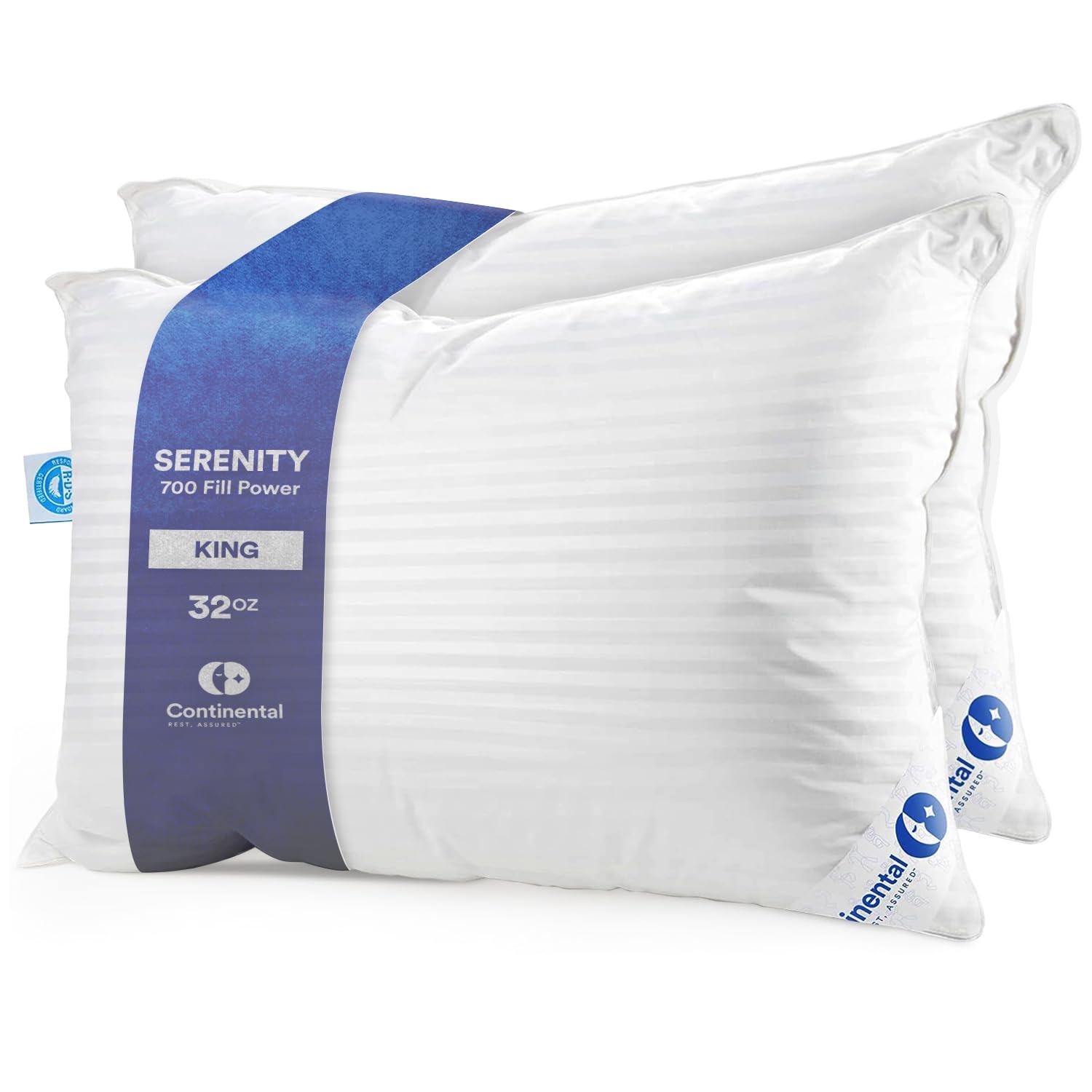 Continental Bedding Luxury Down Pillows King Size Set of 2 - Cool Breathable Bed Pillows for Sleeping, Back, Side, Stomach Sleepers – 700 FP, Firm