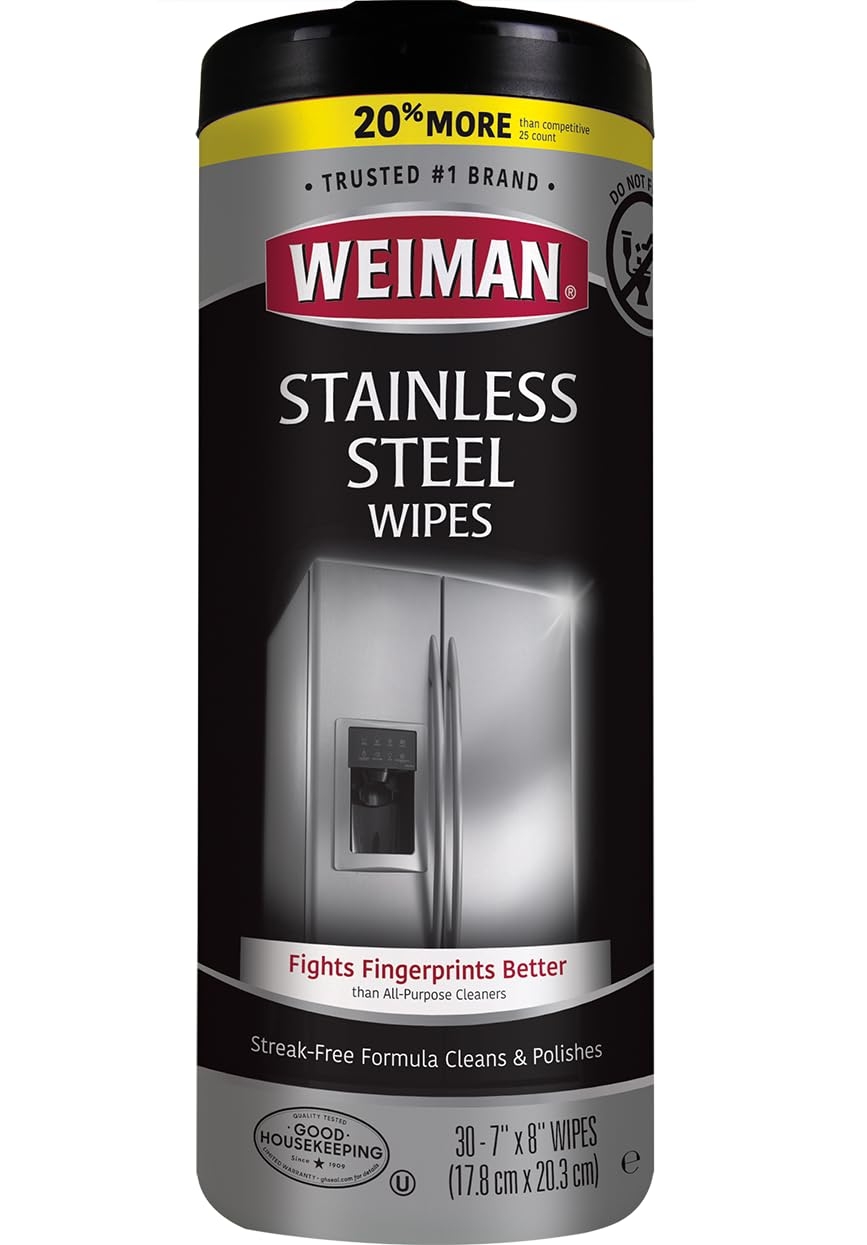 Weiman Stainless Steel Cleaner, 30 Count Cleaning Wipes, Removes Dirt, Grime, and Grease, No Streaks or Residue, Stainless Steel Polish for a Sparkling Clean and Shiny Surface, Cleaning Supplies