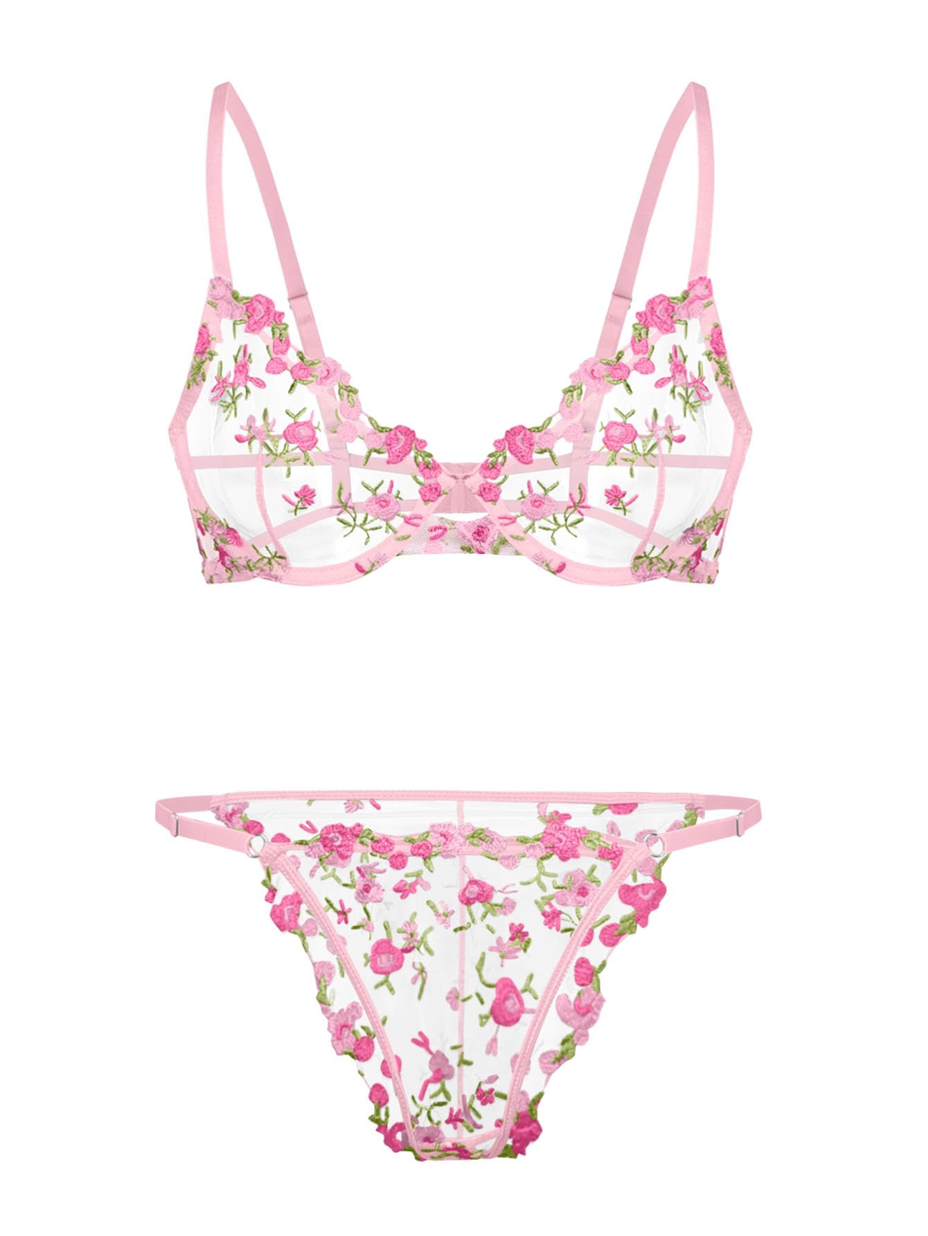 Lilosy Sexy Floral Embroidered Mesh Sheer Underwire Lingerie Set