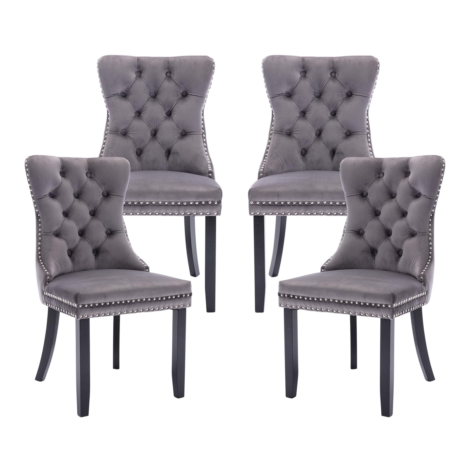 Hixkol Velvet Dining Chairs Set of 4,Upholstered Dining Chairs with Ring Pull Trim and Button Back,Modern Seating for Kitchen, Bedroom & Living Room(Grey)