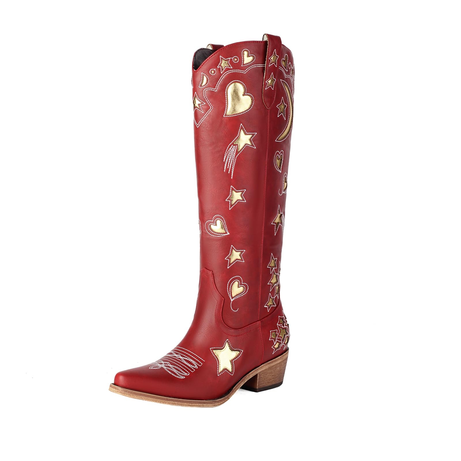 AIWGLESOLE Western Cowboy Boots for Women Knee High, Stars Moon Heart Patterns Low Heel