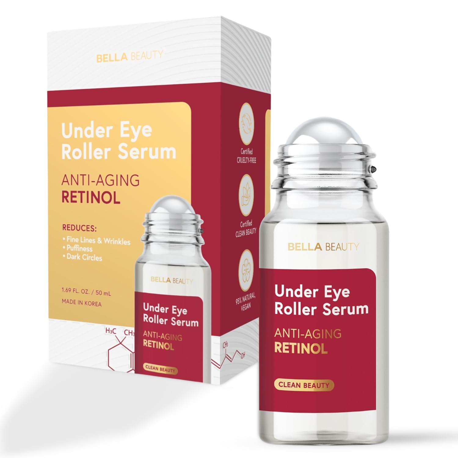 Bella Beauty Eye Roller Serum with Retinol & Vitamin B5 - Reduces Dark Circles, Puffiness & Fine Lines - Anti-Aging, Dermatologist Tested, Korean Skin Care for All Skin Types - 1.69 Fl. Oz