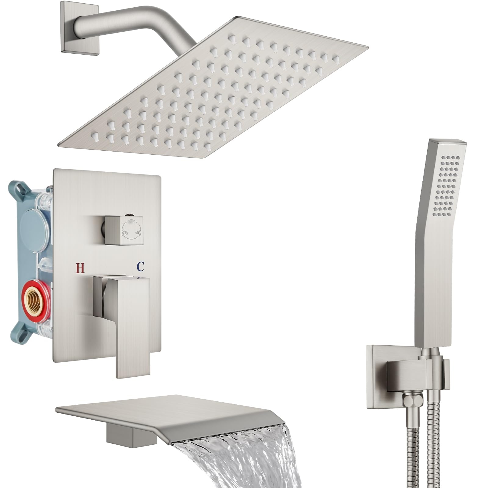 Midanya Rain Shower System Tub Shower Faucet Set Square Rainfall Shower Head with Handheld Sprayer and Waterfall Tub Spout Rough-in Valve Shower Mixer Combo,8 Inch Brushed Nickel