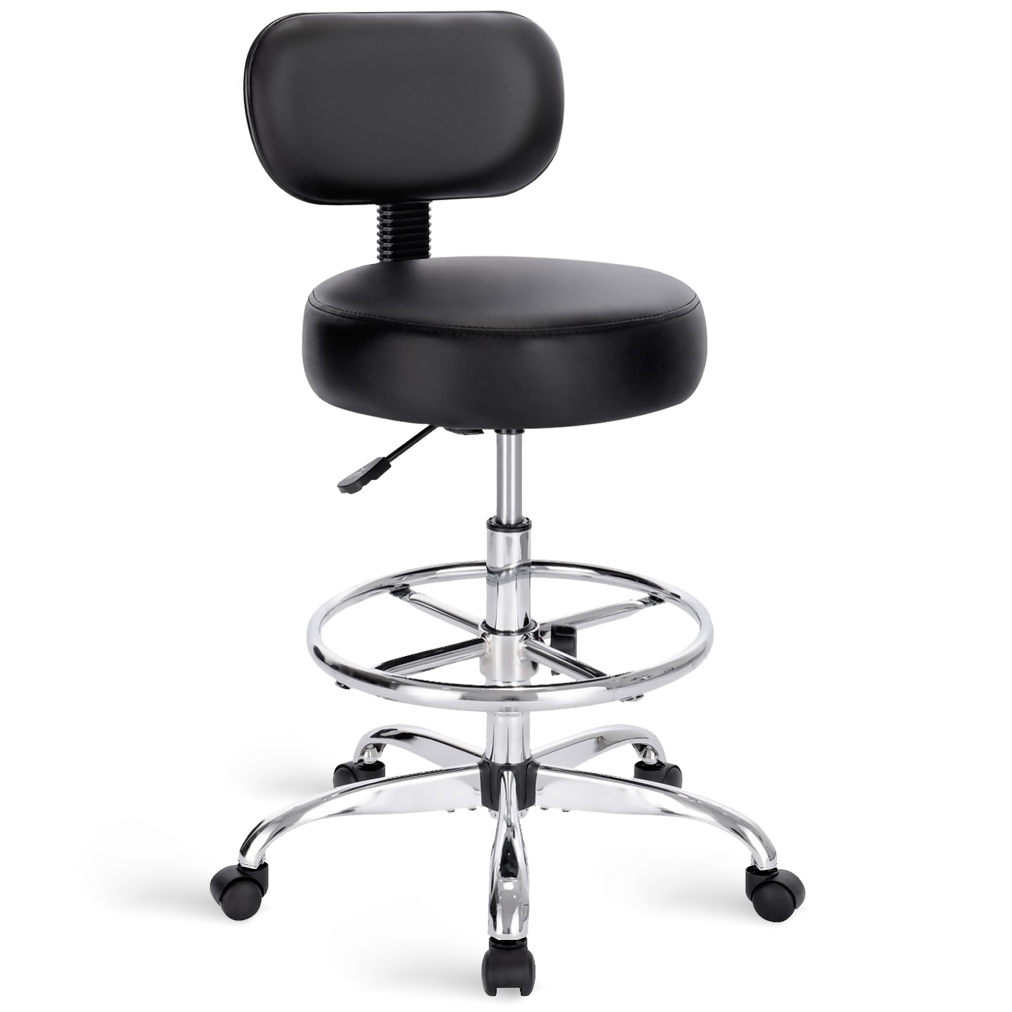 SUPERJARE Drafting Chair with Back, Adjustable Foot Rest Rolling Stool, Multi-Purpose Office Desk Chair, Thick Seat Cushion for Home Bar Kitchen Shop - Black