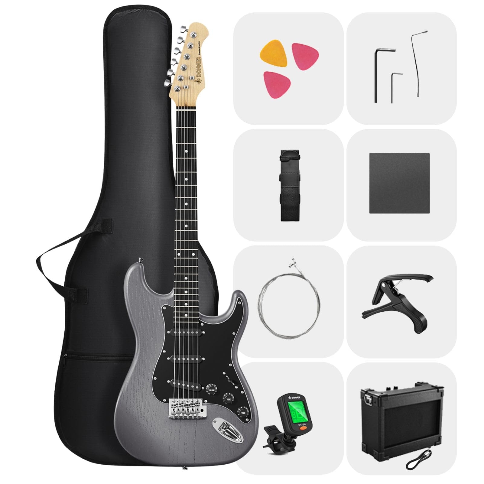 DONNER DST-80 Electric Guitar 39” Beginner Electric Guitar Kit with Amp, Classic SSS Pickup Complete with Gig Bag, Tuner, Capo, Strap, Picks, and Free Online Lessons