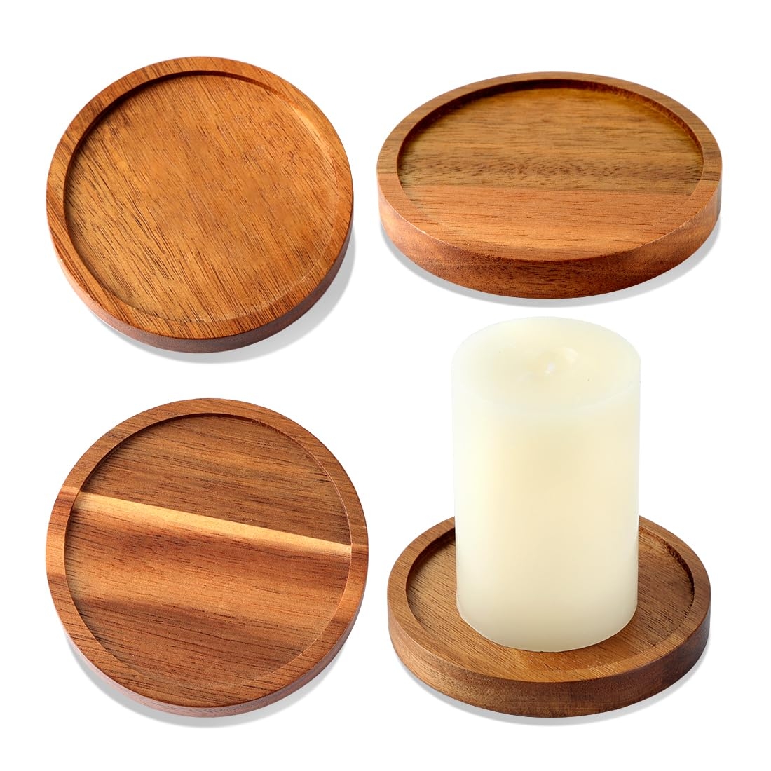 Wood Candle Holder Farmhouse Decor - HALE OTEIR Wooden Pillar Candles Tray for Pillar Floating Candles Set of 4 Round Wooden Plate Pedestal Stand for Coffee Table for Christmas Decor