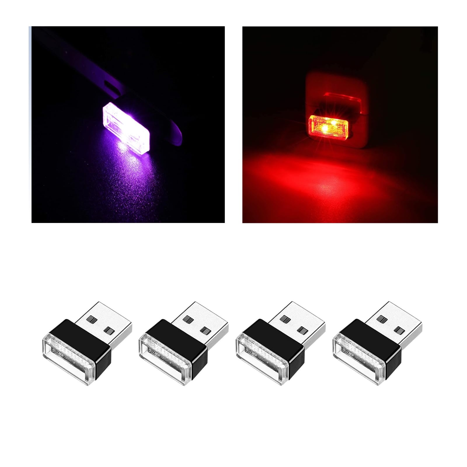 Ziciner 4 PCS USB LED Car Interior Atmosphere Lamp, Portable Mini LED Night Light, Plug-in USB Interface Trunk Ambient Lighting Kit, Universal Interior Accessories (Red+Purple)