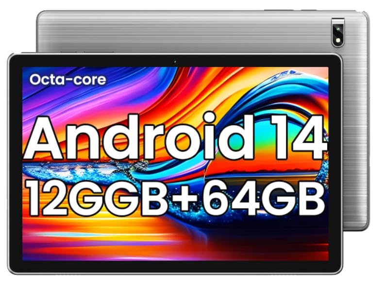 2025 Android 14 Octa-Core 10.2 inch Tablet, 12GB RAM + 64GB ROM, 1TB Expand, 6000mAh Battery, 2.4G+5G Wi-Fi 6, 2MP+8MP Dual Camera, Bluetooth, 1280x800 FHD IPS Display (Gray)