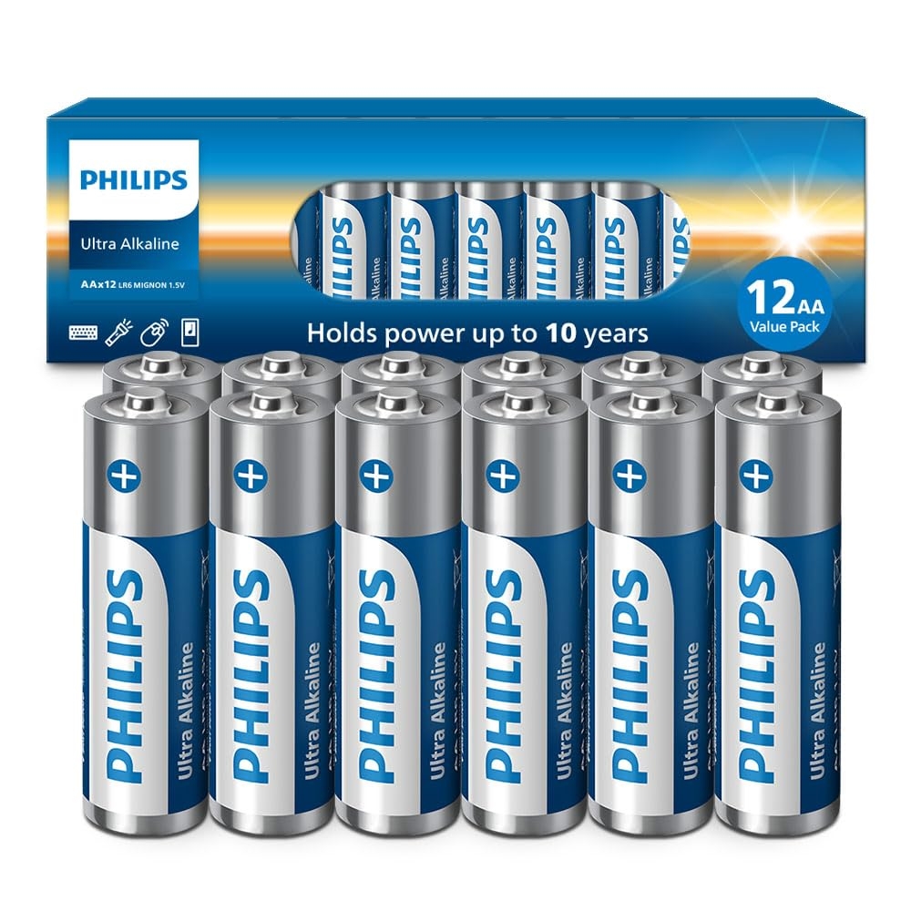 PHILIPS AA Batteries 12 Pack 1.5v Ultra Alkaline Double A Batteries, 10-Year Shelf Life, Ideal for Blink Outdoor Battery, Alarm System, Doorbell, Smoke Detector Batteries. [Non-Rechargeable]