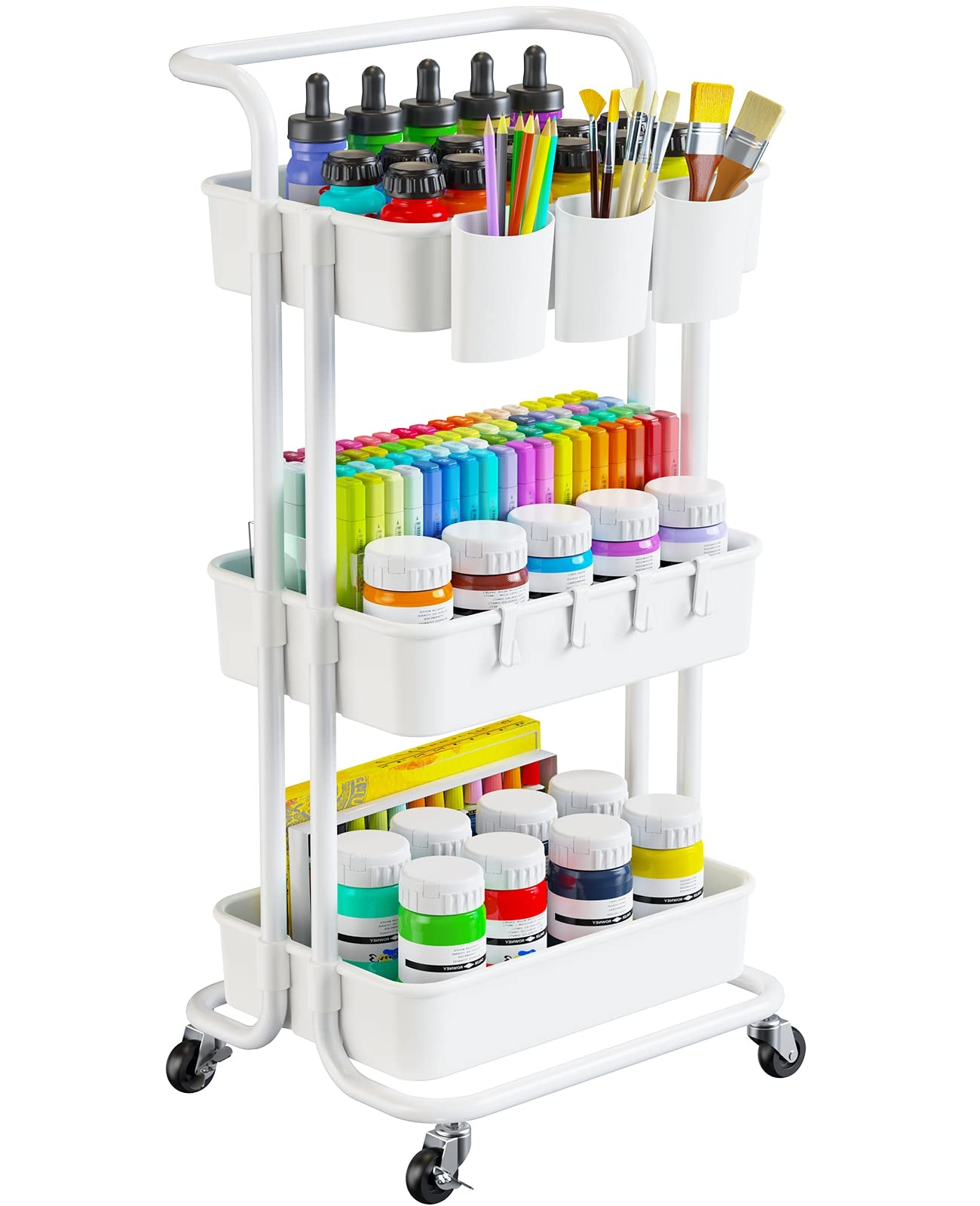 Pipishell 3-Tier Rolling Cart with Wheels - Rolling Storage Cart with Hanging Cups & Hooks - Mobile Utility Cart for Office, Kitchen, Craft Room - Art & Craft Organizer, White, PIUC06W