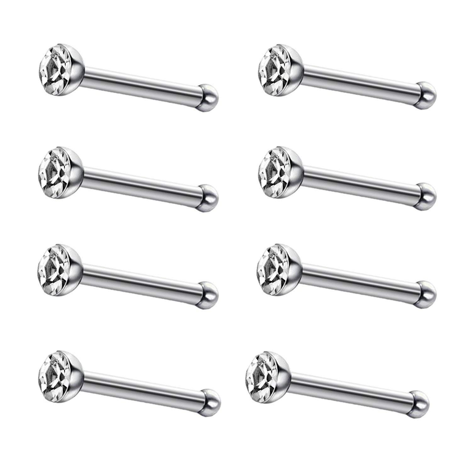 JEWELRIESHOP 40pcs Nose Studs Stainless Steel CZ Nose Rings Pins Piercing Jewelry Bone Studs for Women Men Hypoallergenic 22G