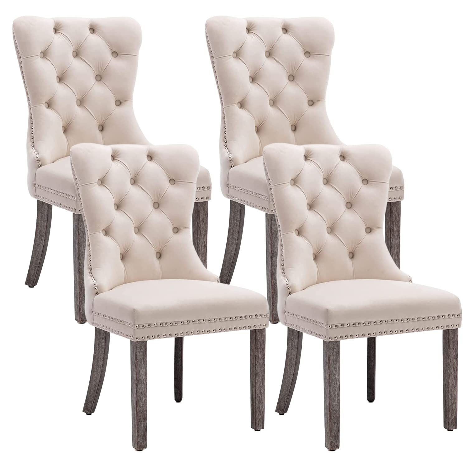 Eifizek Velvet Dining Chairs Set of 4, Tufted Dining Room Chairs with Nailhead Ring Pull Trim, Upholstered Dining Chairs with Solid Wood Legs for Kitchen Dining Room (Beige)