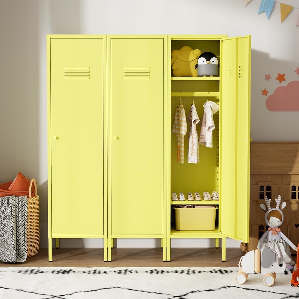 LINGZOE Single Door Metal Locker Storage Cabinet with 2 Adjustable Shelves, Metal Kids Storage Cabinet for Shool Living Room Bedroom (Yellow)