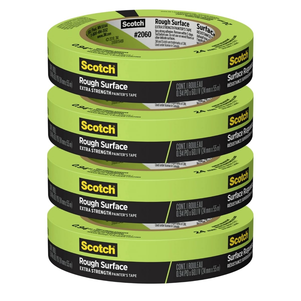 Scotch Painter’s Tape for Rough Surfaces, 0.94-Inch x 60 Yards, High Adhesion, Clean Removal in 3 Days, Weather-Resistant for Brick, Stucco, Concrete, Indoor and Outdoor Painting, 4-Pack