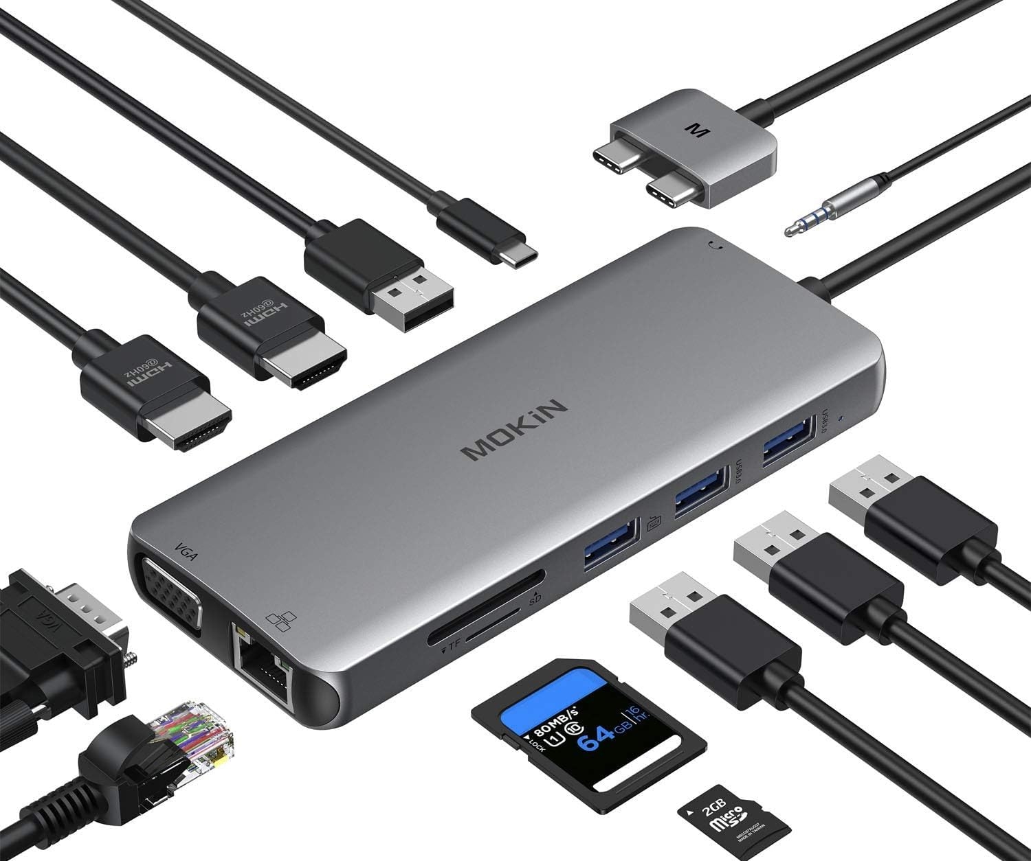 MacBook Pro Docking Station Dual Monitor HDMI Adapter,12 in 1 USB C Adapters for MacBook Pro Air Mac HDMI Dock Dongle Dual USB C to DualHDMI VGA Ethernet AUX 4USB SD/TF100W PD