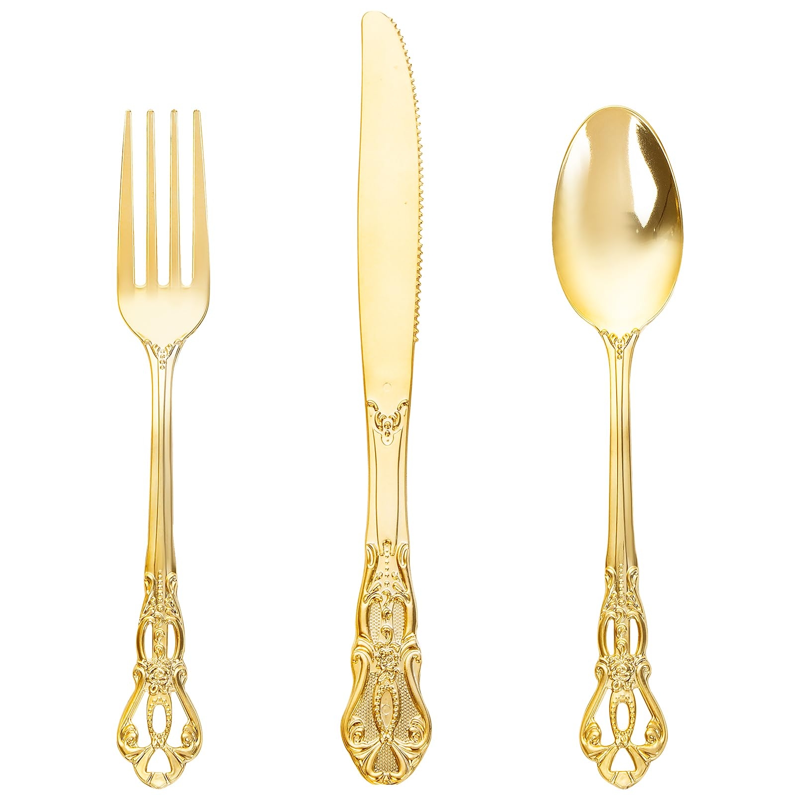Joyido 90 Pieces Gold Plastic Silverware - Heavy Duty Gold Disposable Utensils - Fancy Plastic Cutlery Set Includes 30 Forks, 30 Spoons, 30 Knives for Dinner Parties Weddings