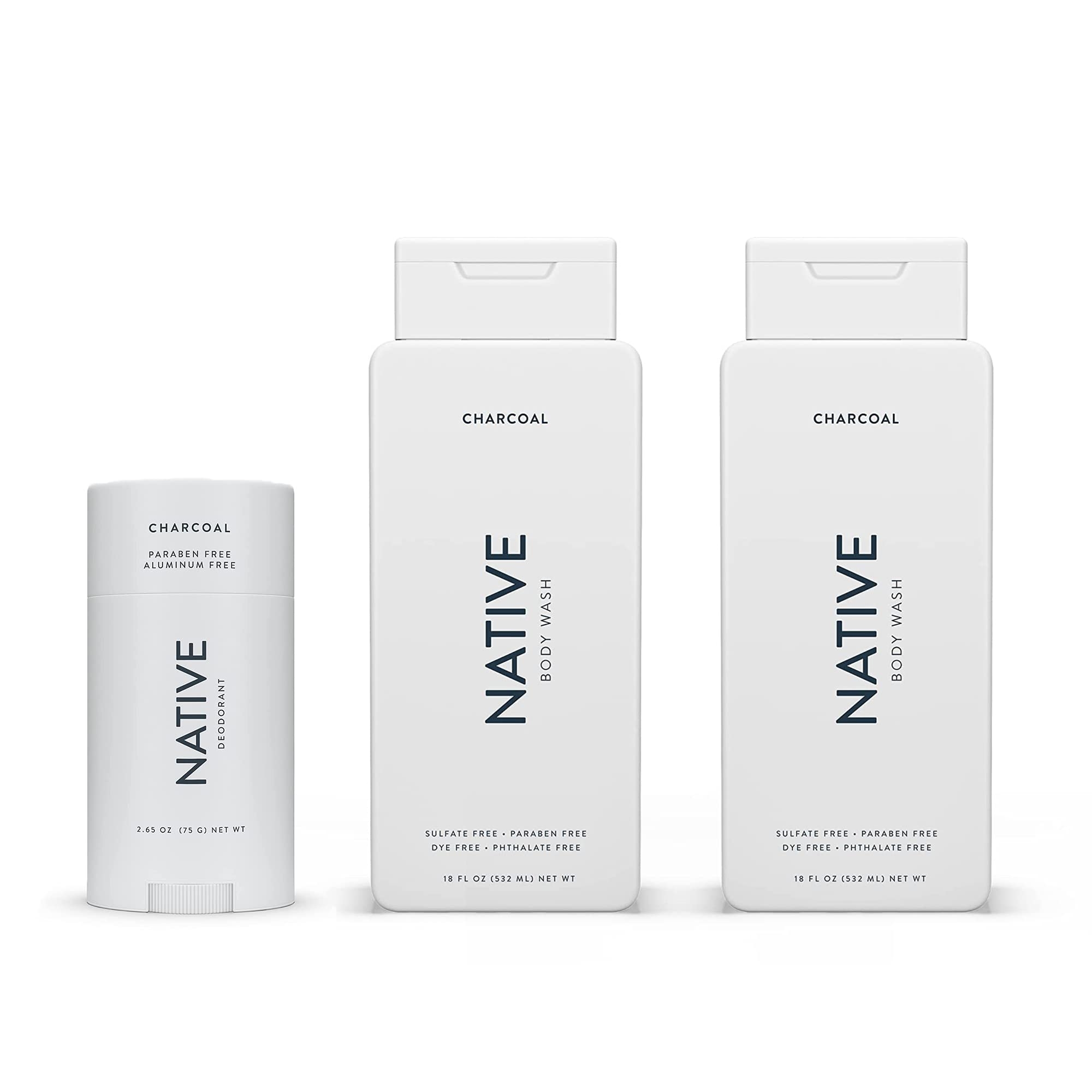 Native Body Wash and Deodorant Bundle - Men & Women - Sulfate Free, Dye Free, with Naturally Derived Clean Ingredients - Charcoal