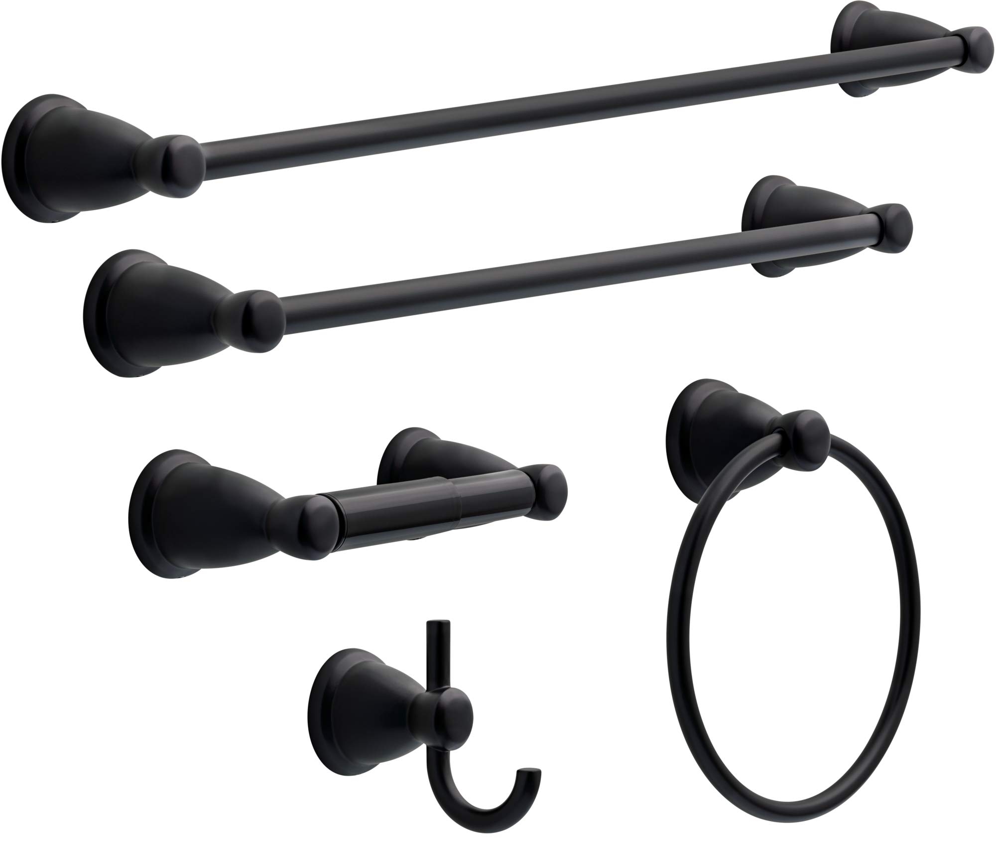 Franklin Brass Kinla (5-Pack) Bathroom Set Matte Black 18" and 24" Towel Bar Racks,Toilet Paper Holder, Hand Towel Holder, Hook | Bathroom Accessory Set Towel Holder 5-Piece Hardware Set KIN5PC-MB