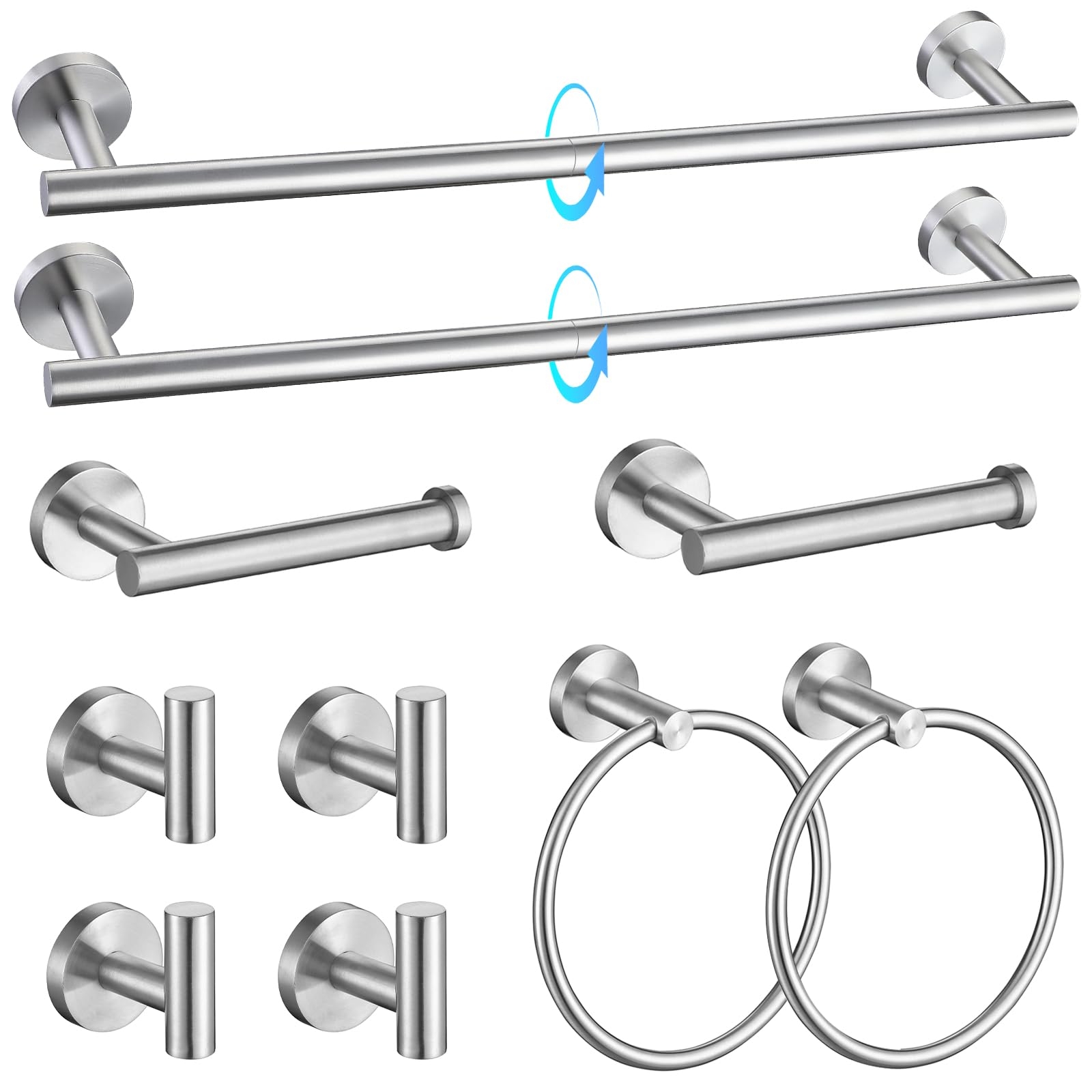 TQKAG Brushed Nickel Bathroom Hardware Accessories Set - 10-Piece Premium SUS304 Stainless Steel Towel Bar Holder Set with 23.6 Inch Round Towel Racks for Wall Mounted Bathroom
