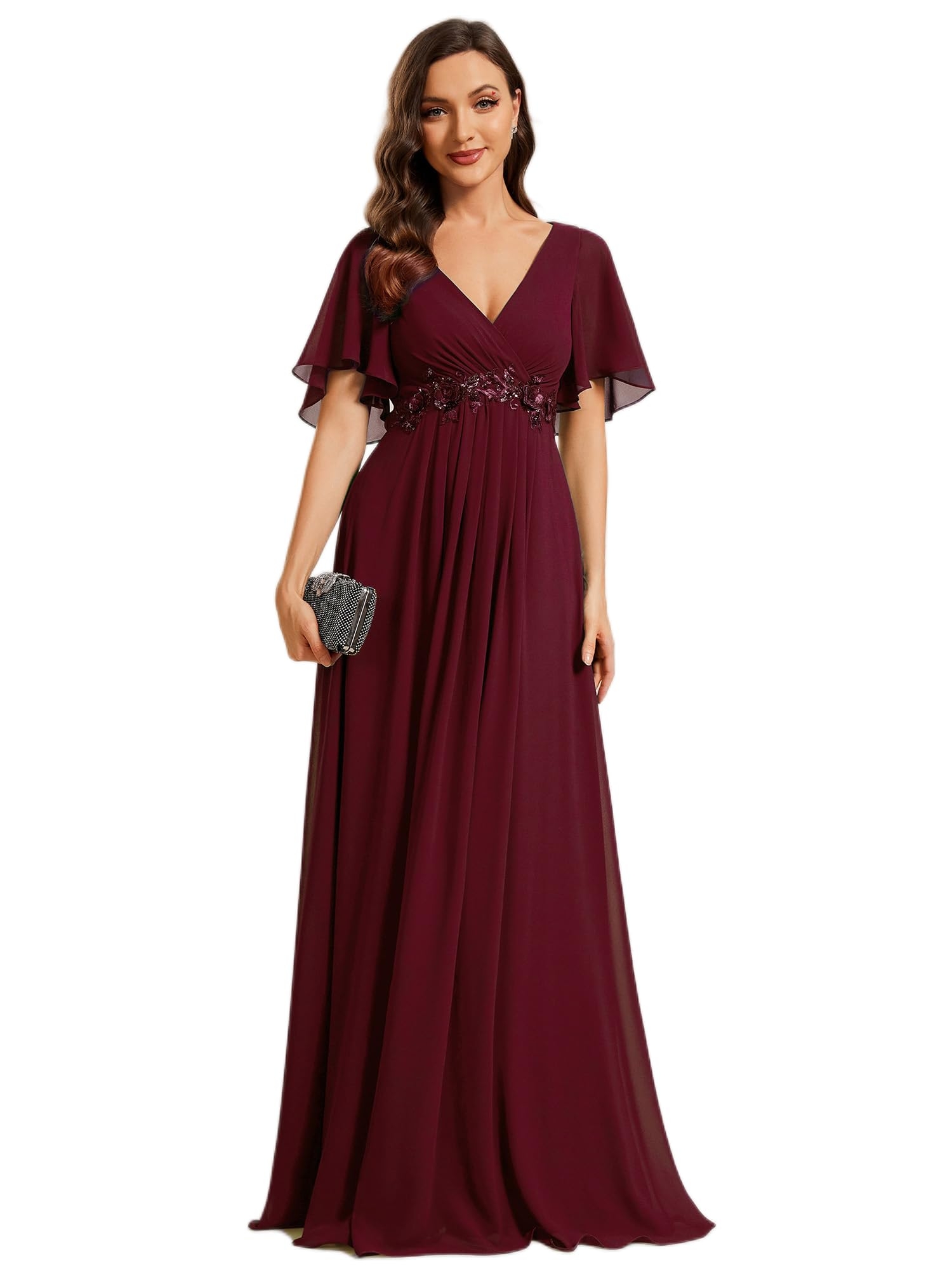 Ever-Pretty Women's Chiffon A-Line Ruched Short Sleeves Applique Waist V Neck Formal Dresses and Evening Gowns