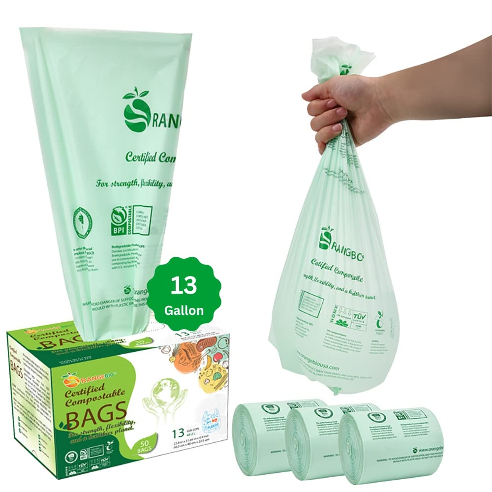 OrangeBio 100% Home Compostable Trash Bags 13 Gallon Tall Kitchen, 50 Count, 0.9 Mil, Kitchen Compost Bags, Large Compostable Bags US BPI ASTM D6400 and OK Compost Home Certified
