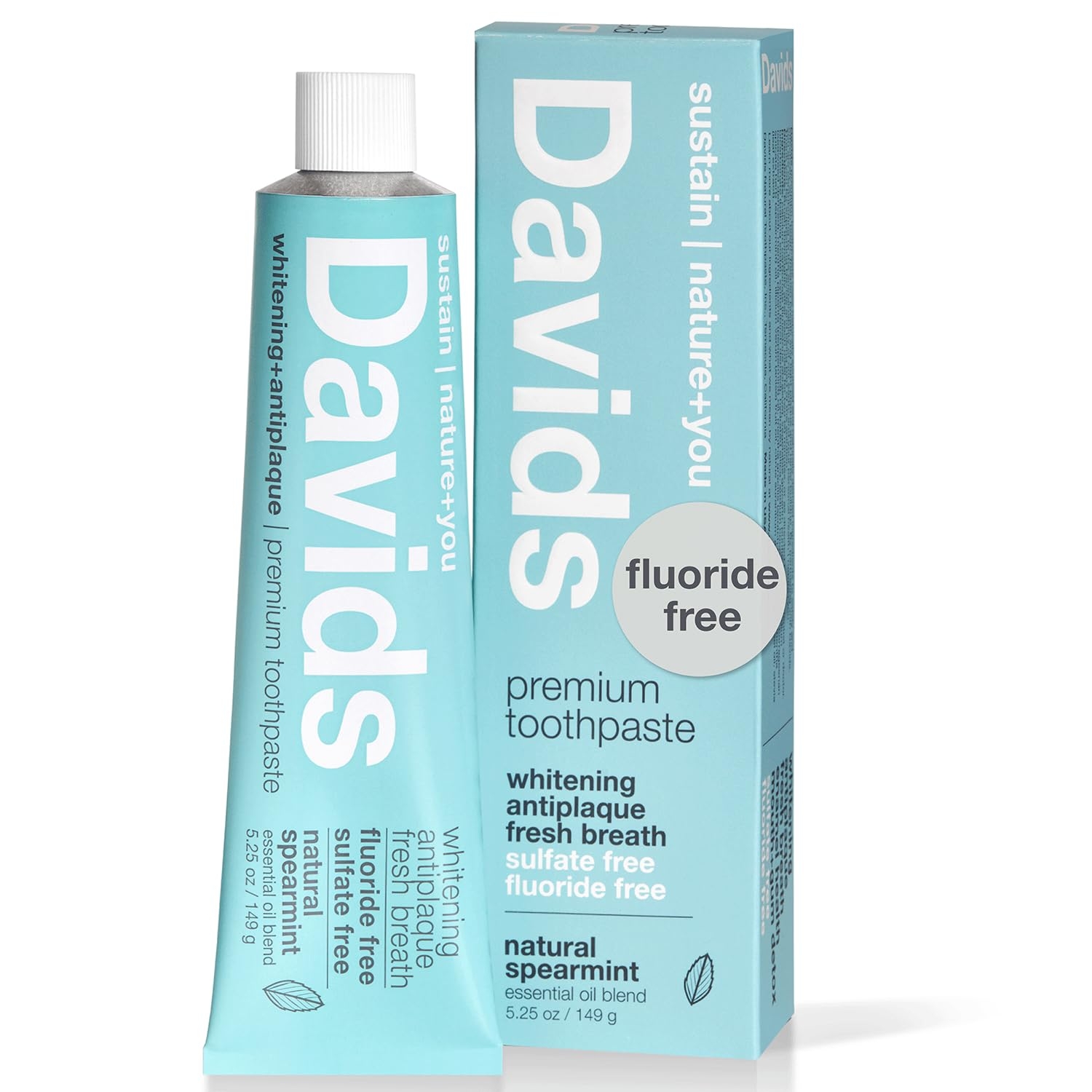 Davids Fluoride Free Toothpaste, Teeth Whitening, Antiplaque, SLS (Sulfate) Free, Promotes Enamel Health, Mouth & Gum Detox, EWG Verified, Natural Spearmint, 5.25oz, Made in USA