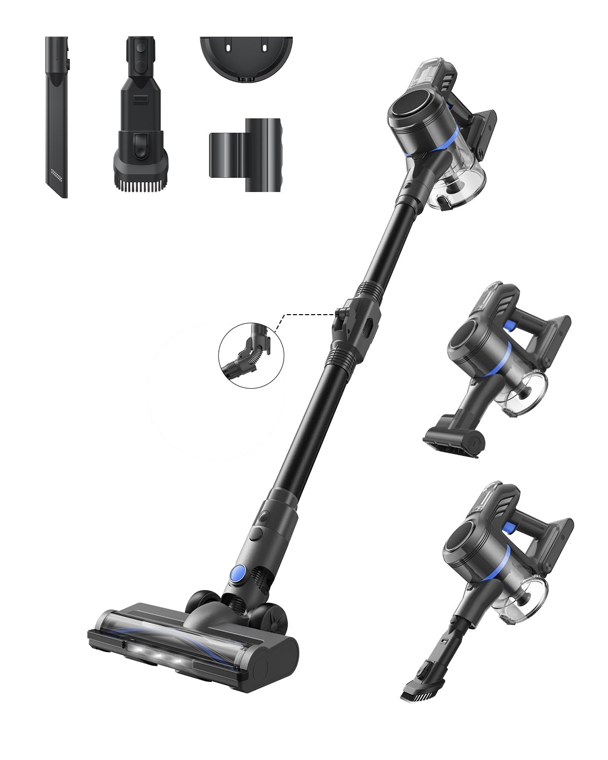 MOVA J30 Cordless Vacuum Cleaner,144AW Powerful Suction, 180° Folding Tube Cleans Corners, 4-in-1 Stick Vacuum, 60Min Runtime, Anti-Tangle Brush with Lights, Deep Clean Pet Hair, Hard Floor, Carpet