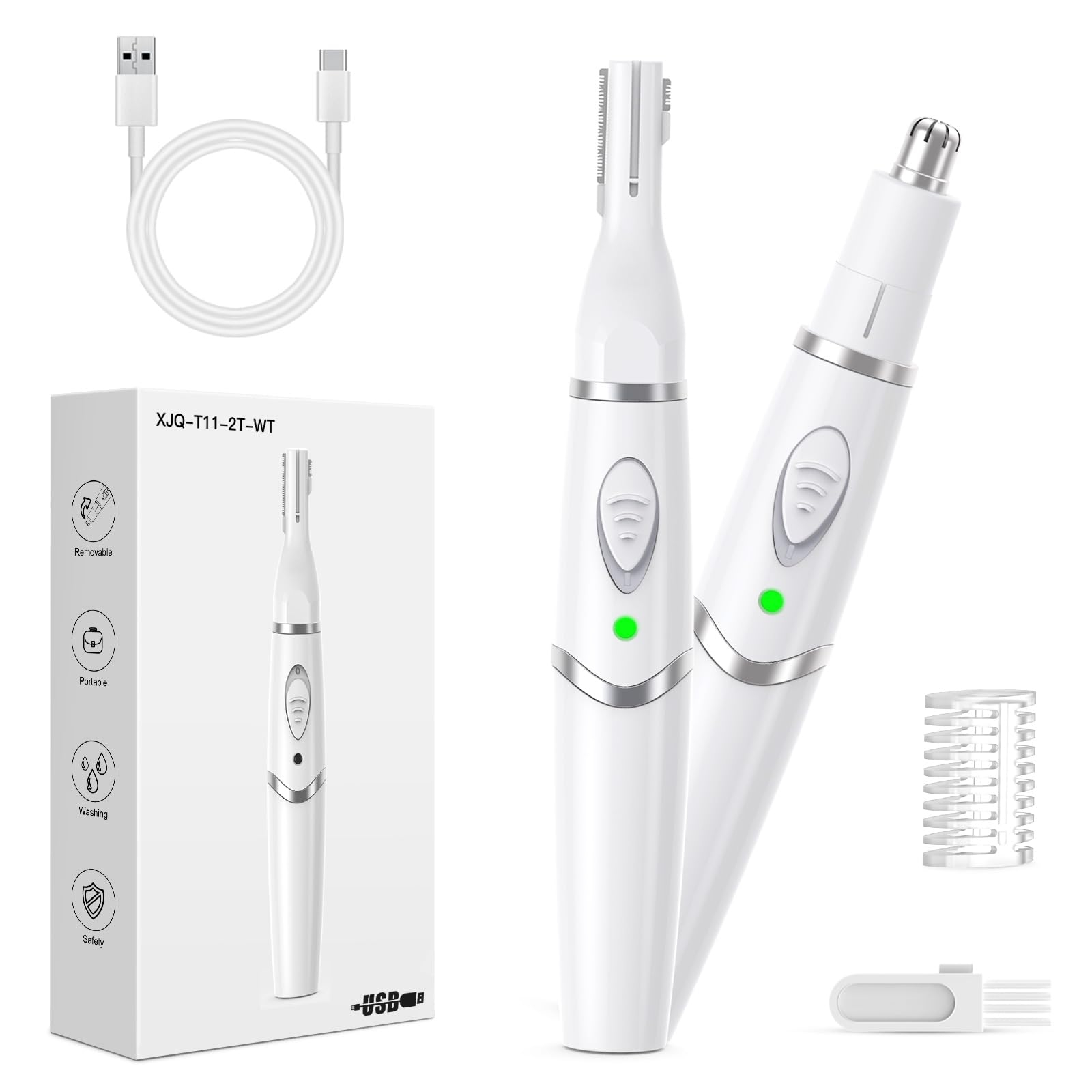 Yinowt Nose Hair Trimmer for Women - 2 in 1 Professional Painless Eyebrow and Facial Hair Trimmer for Men and Women, USB Rechargeable Trimmer Double Edged Blades Easy to Clean, White