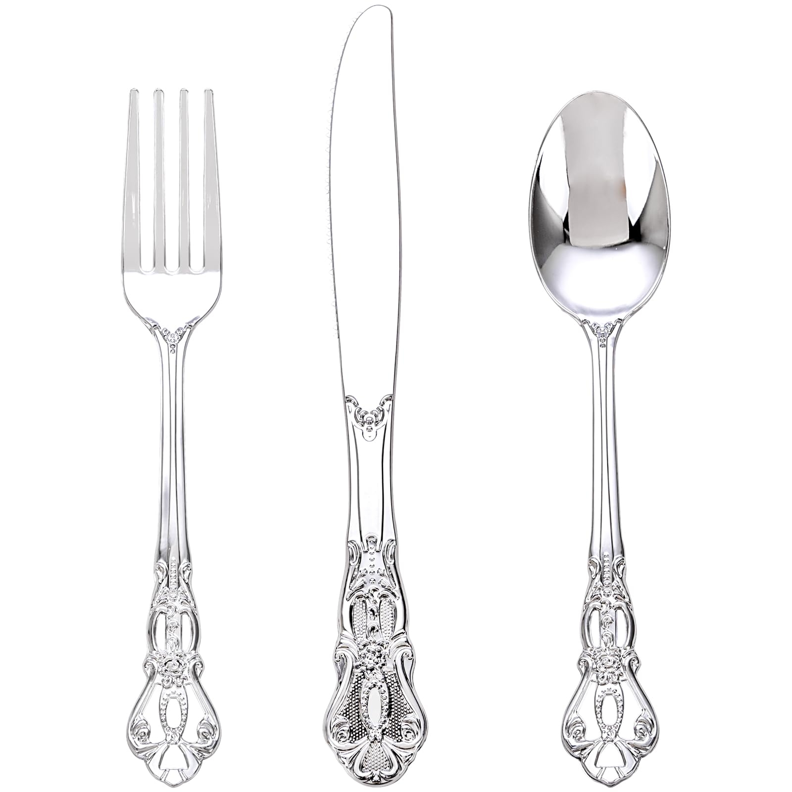 Joyido 90PCS Silver Plastic Silverware - Heavy Duty Silver Disposable Cutley - Fancy Plastic Utensils Flatware Include 30 Forks, 30 Spoons, 30 Knives for Catering, Parties, Dinners, Weddings