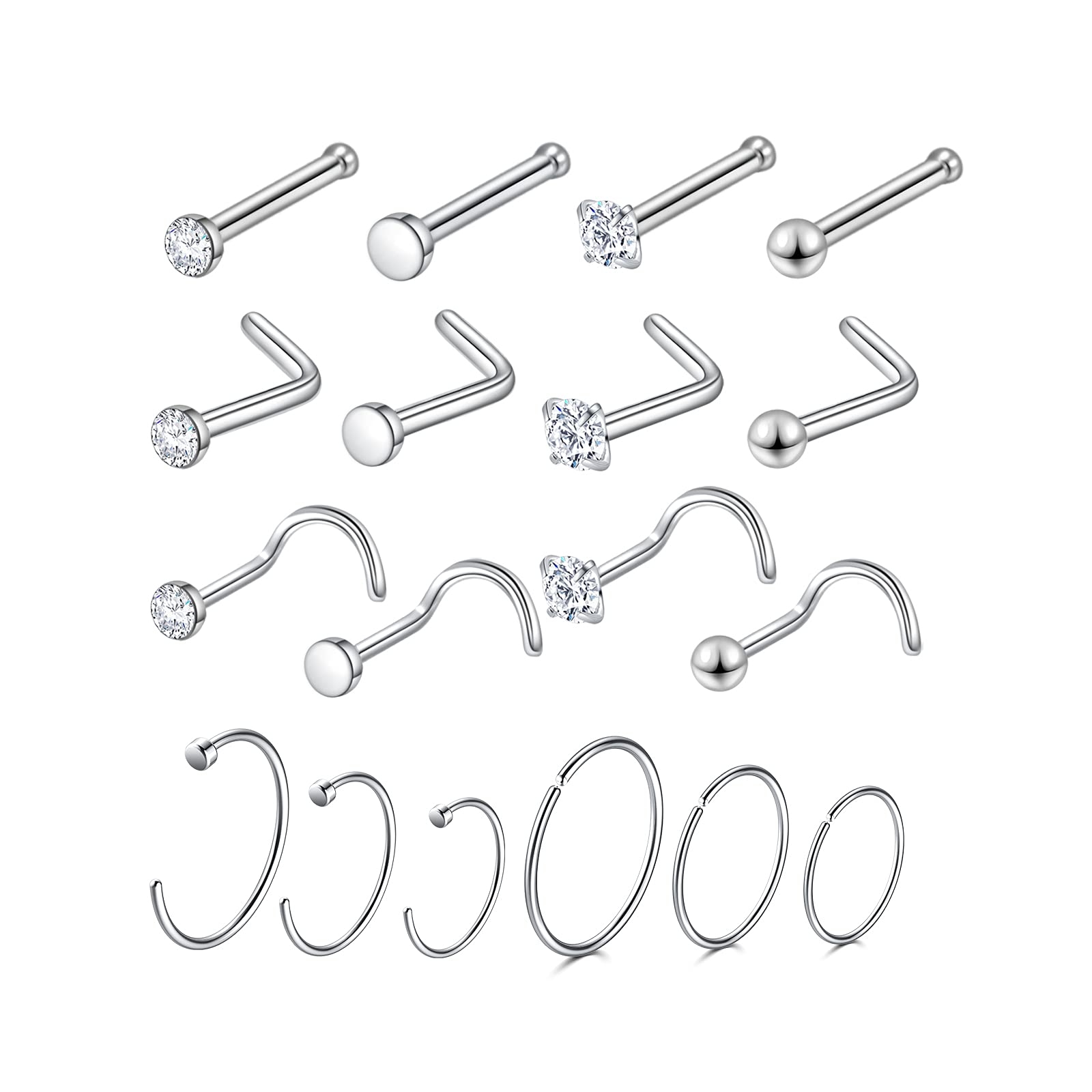 Surgical Steel Nose Piercing Jewelry - 20G & 18G Nose Rings & Studs, Hoops 8mm-12mm, CZ Diamond 1.5mm-3mm, L-Shaped & Hoop Styles for Women & Men