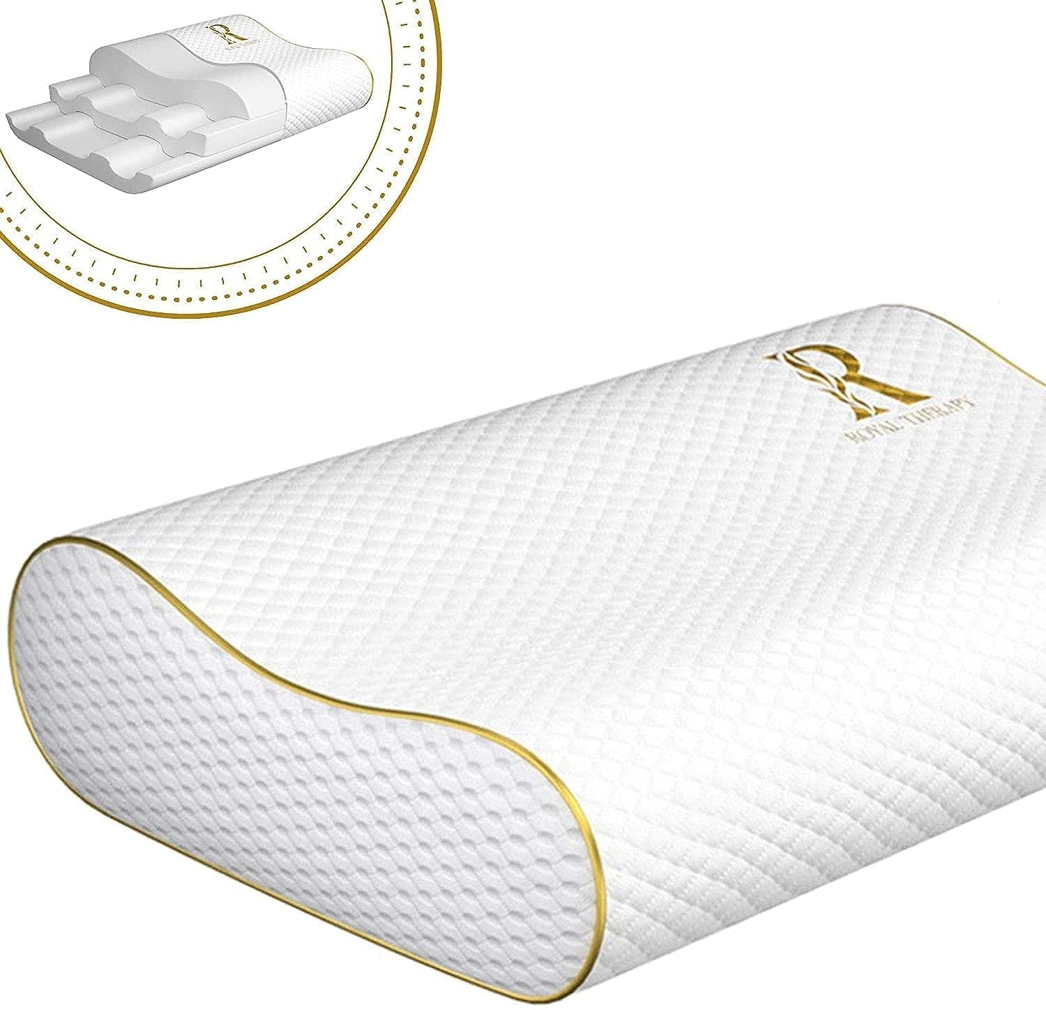 Royal Therapy Memory Foam Pillow, Queen Neck Pain Relief, Contour Cervical Pillow, for Neck and Shoulder Pain, Side, Back and Stomach Sleeper