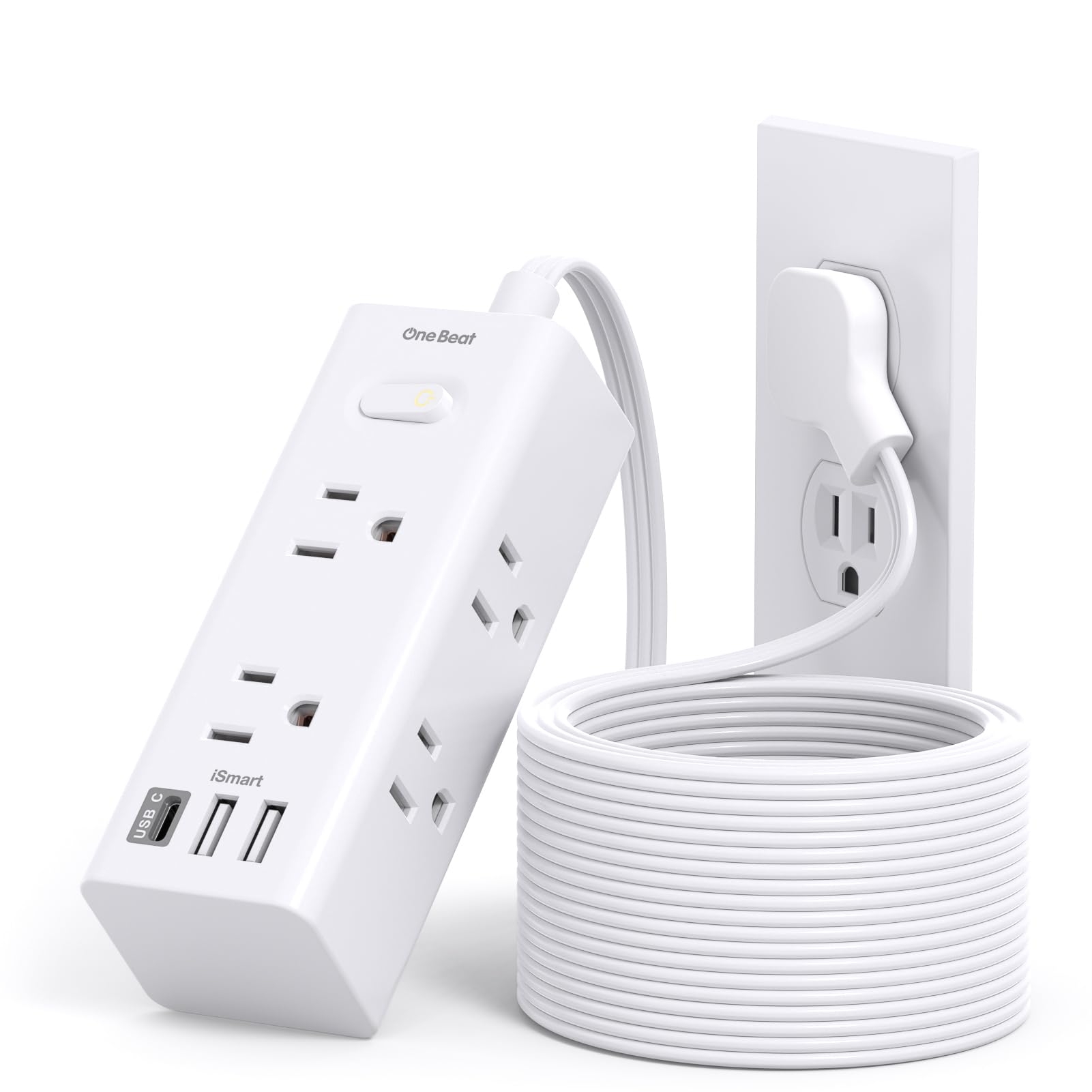 15Ft Extension Cord with Multiple Outlets, Flat Plug Power Strip Surge Protector with 15 Ft Long Cord, 6 Outlet 3 USB Ports (1 USB C), Multi Outlet Wall Plug for Travel, College, Dorm Room Essentials