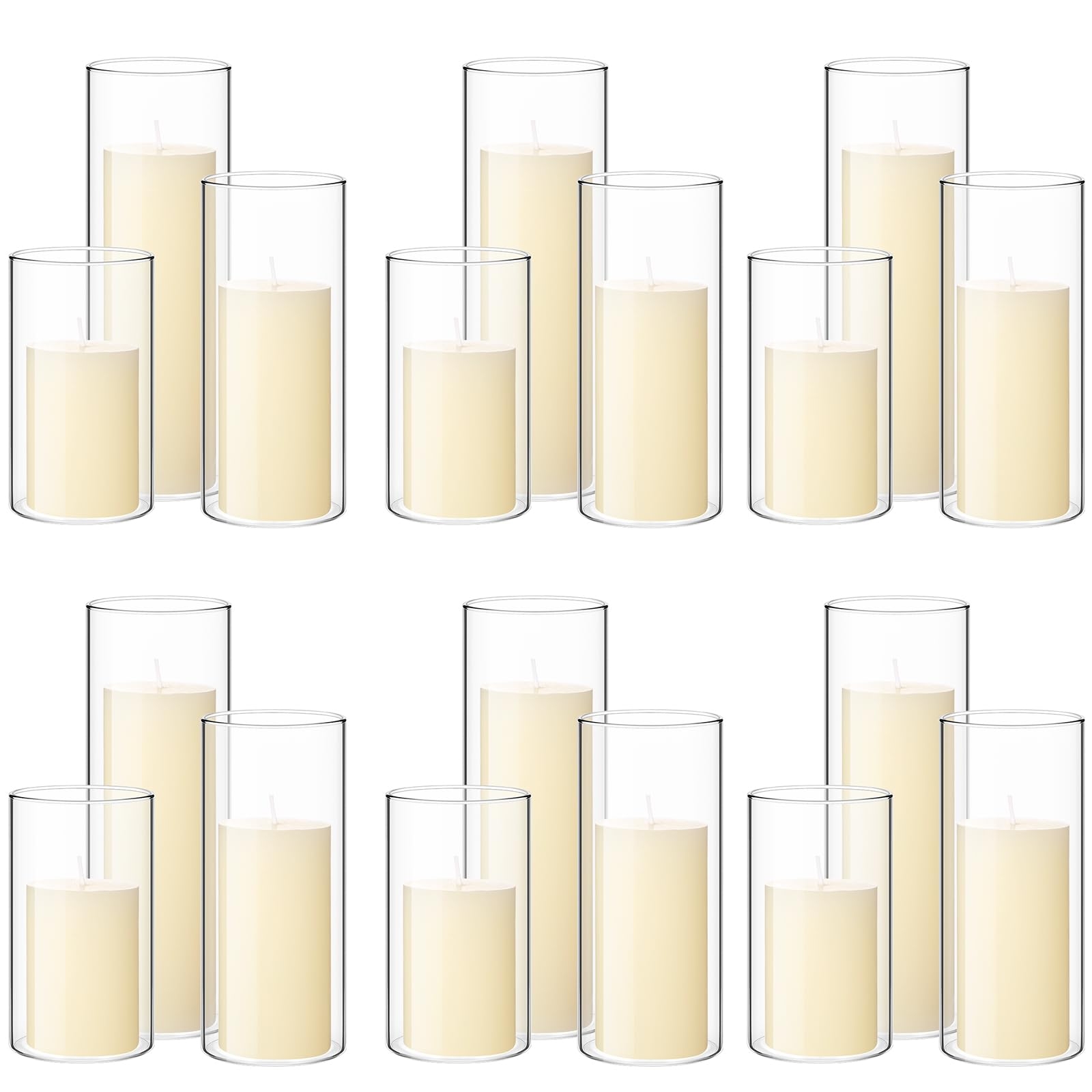 Shihanee 36 Pcs Pillar Candles and Glass Cylinder Vases Tall Cylinder Holders for Pillar Candles Wedding Centerpieces, Total 18 Sets(2.6'' X 4.7'', 5.9'', 7.9'',Clear,Ivory White)
