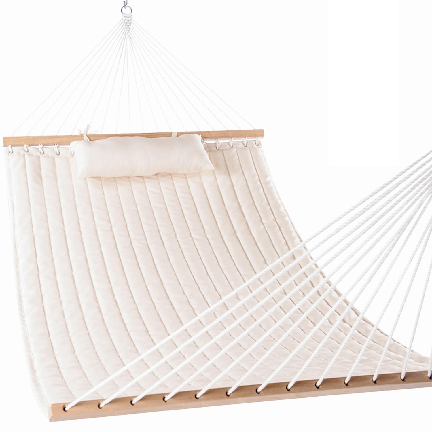 Lazy Daze Hammocks 12 FT Double Quilted Fabric Hammock with Spreader Bars and Detachable Pillow, 2 Person Hammock for Outdoor Patio Backyard Poolside, 450 LBS Weight Capacity, Natural