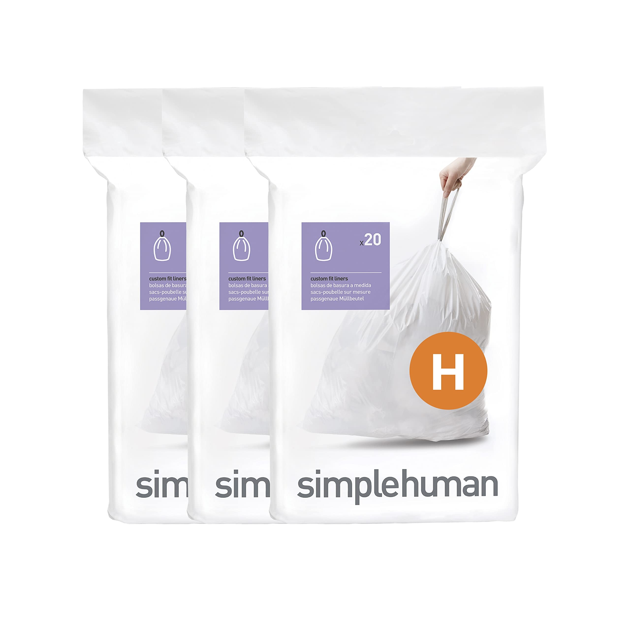simplehuman Code H 60 Count, Dispenser Pack Custom Fit Liners, Drawstring Trash Bags, 30-35 Liter / 8-9.2 Gallon, White