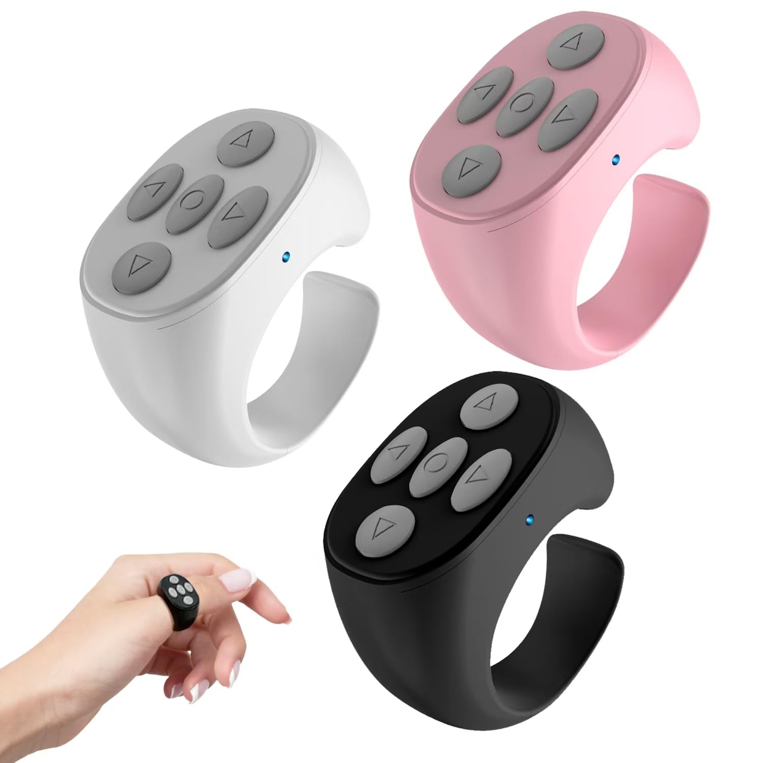 SEVENPARK Fingertip Wireless Bluetooth Remote Control - 2025 New Video Scrolling Ring Remote, Page Turner, Rechargeable Camera Video Recording Remote for TikTok and More (Black+Pink+White)