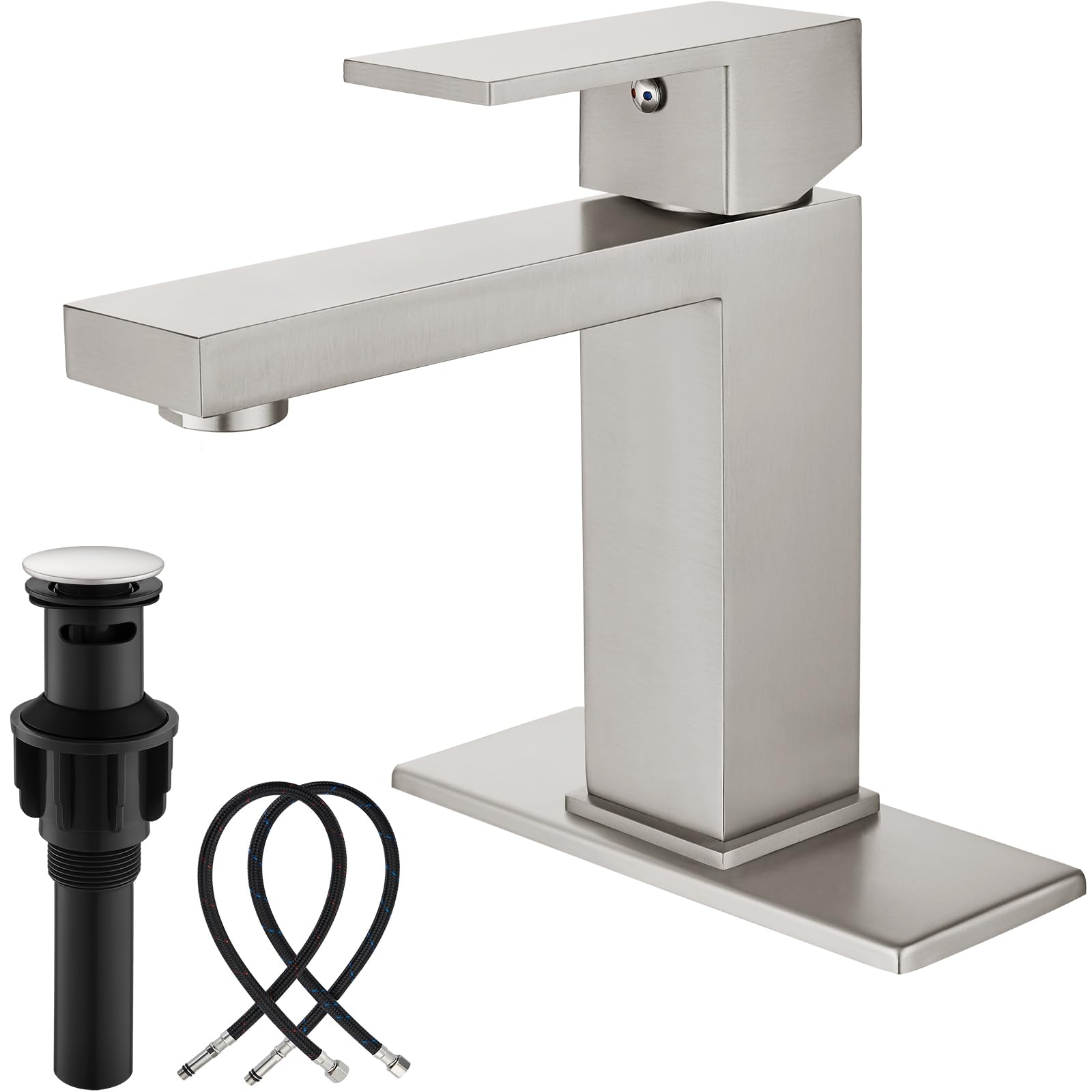 Midanya Bathroom Faucet 1 Hole, Single Handle Stainless Steel Bathroom Sink Faucet, Modern Vanity Faucets with Deck Plate,Water Supply Hoses and Pop Up Drain,Brushed Nickel