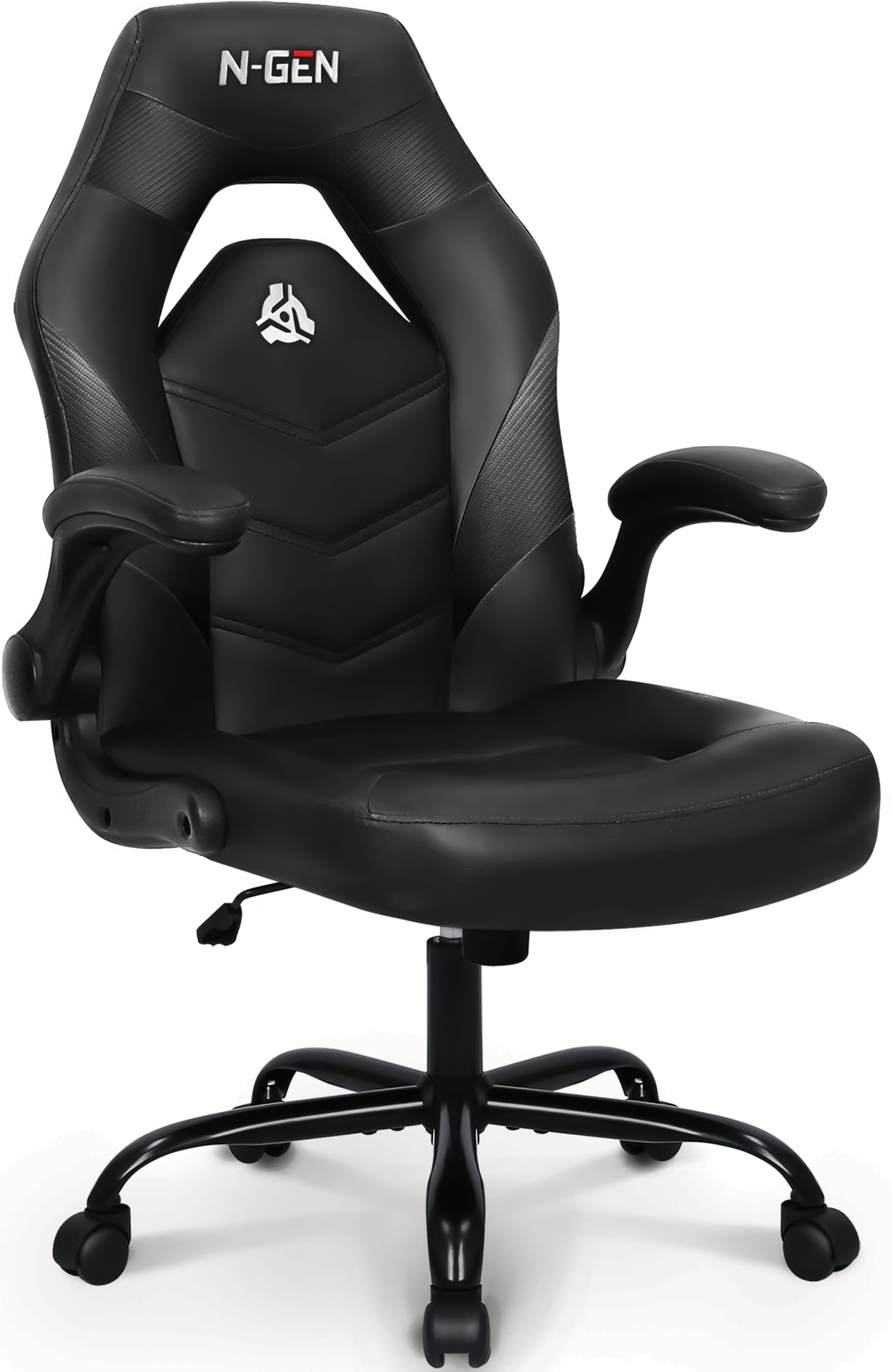 N-GEN Video Gaming Chair Ergonomic Computer Desk Office Chair with Lumbar Support Adjustable Height Swivel Wheels Flip-Up Arms PU Leather Home and Office (Black)