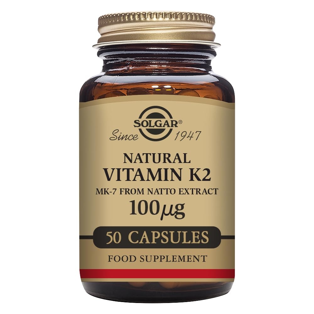 Solgar Vitamin K2 MK7 100mcg Vegetable Capsules Supports Bone Health Natural Whole Food Source from Natto Extract NonGMO Gluten Free Servings, Original, 50 Count